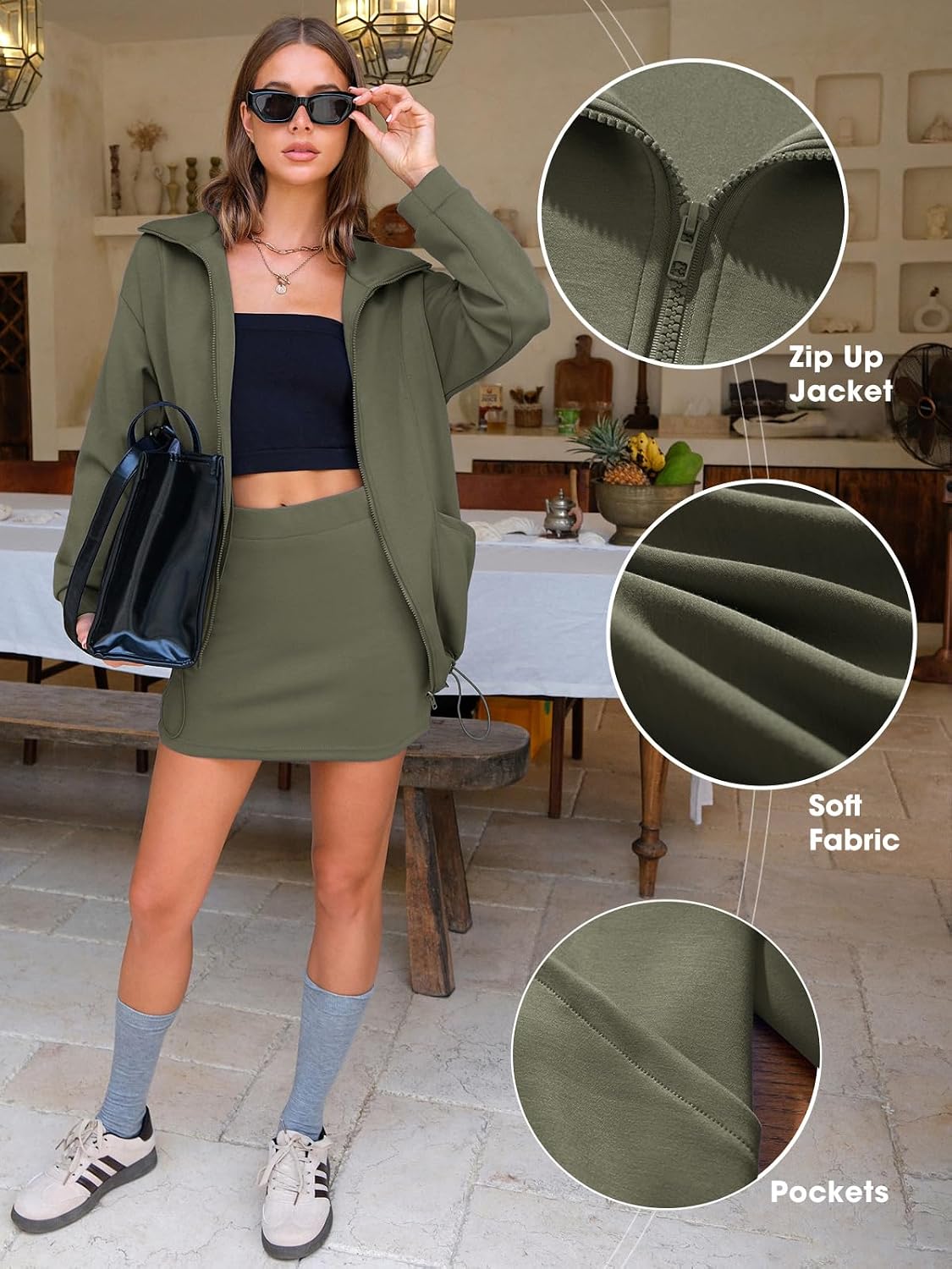EXLURA Women 2 Piece Skirt Sets Airport Outfits Zip Up Sweatshirt Matching Skorts Tennis Sweatsuits Travel Tracksuit 2026