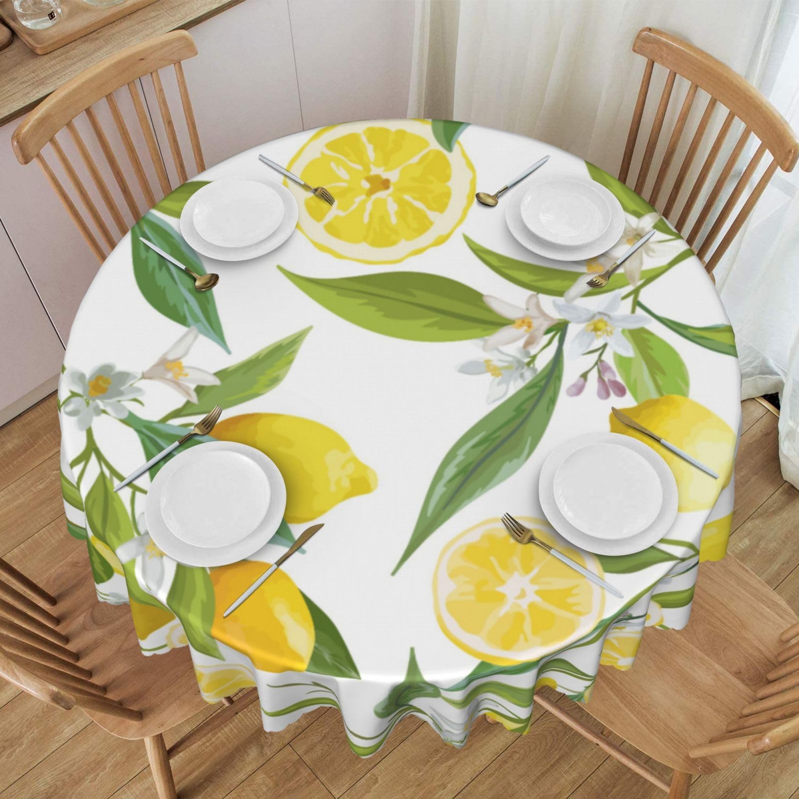 DCEHGEW 60 In Round Tablecloth with Lace, Fresh Tropical Lemons Printed Oilproof & Washable Fabric Picnic Table Cloth Table Covers