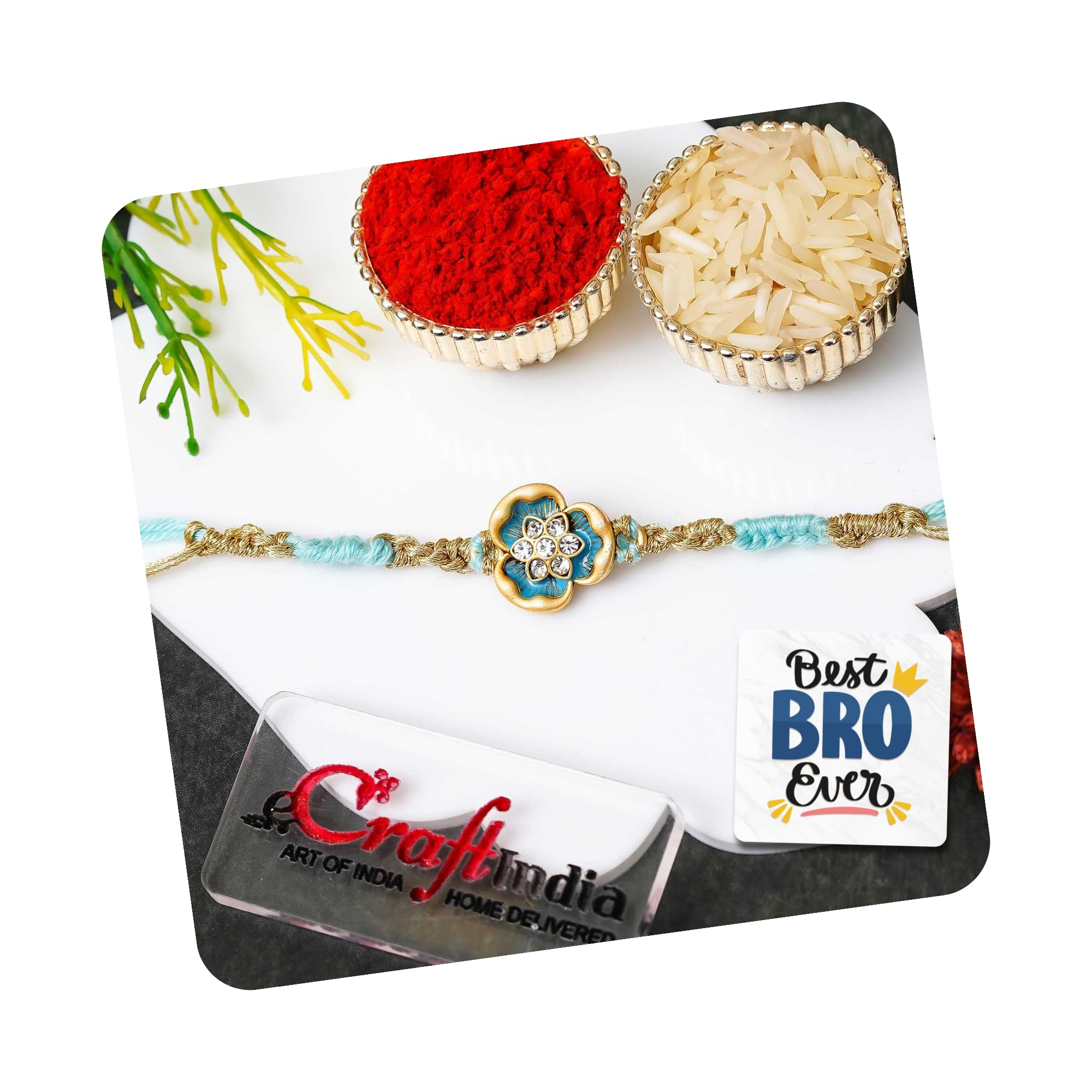 eCraftIndia Golden Sky Blue Beautiful Flowers Designer Rakhi for Brother | Raksha Bandhan Rakhi for Bhai Bhaiya | Best Bro Ever Fridge Magnet | Roli Chawal Pack-image-45