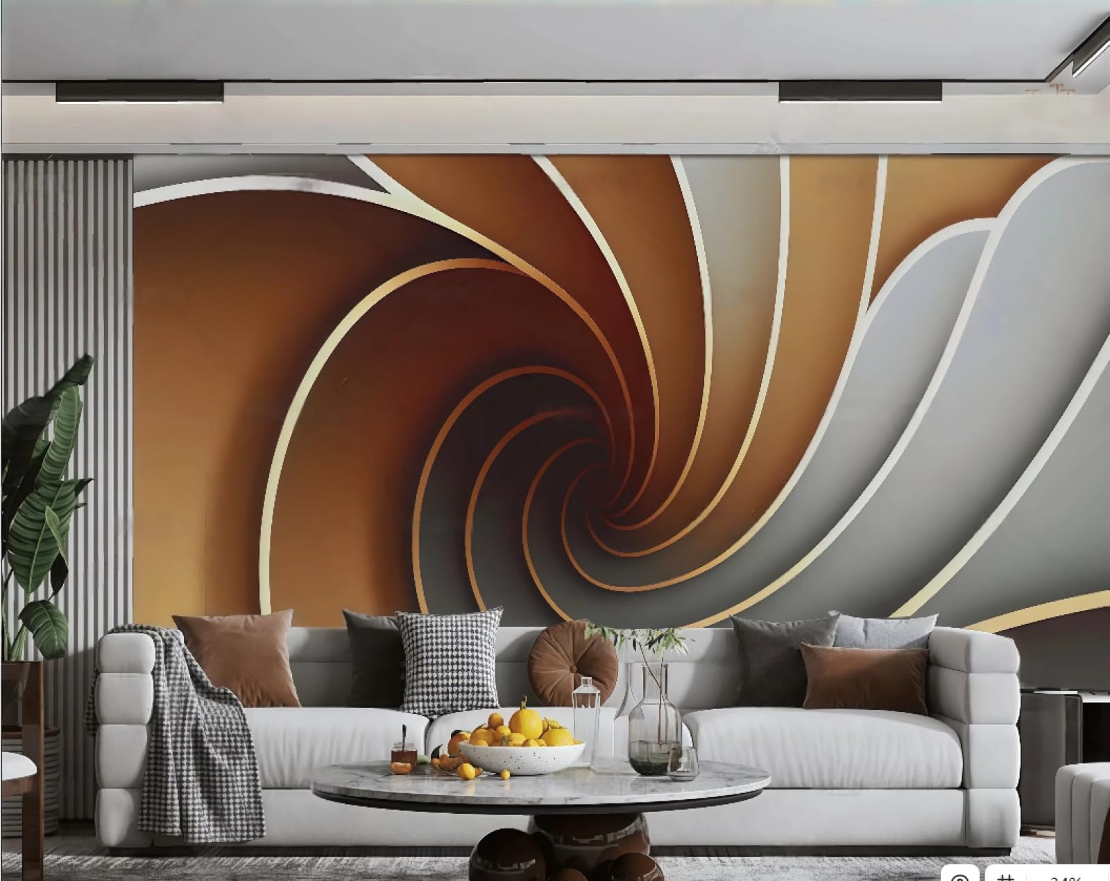 Papier peint moderne minimaliste effet vague tourbillon orange pour salon de standing