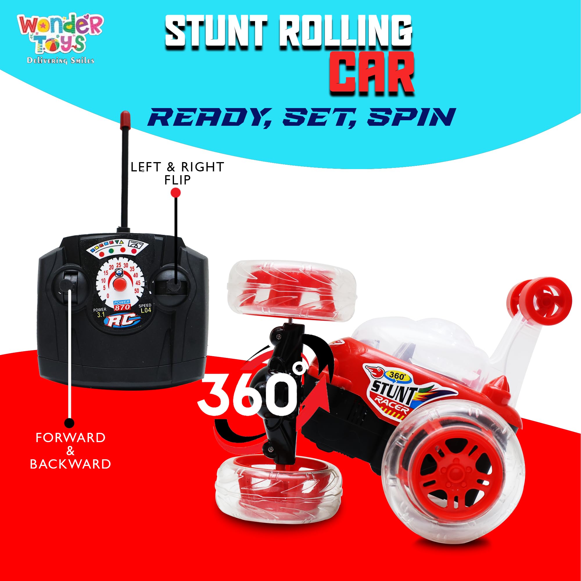 Wonder Remote Control Rotating Rolling Stunt RC Car Toys for Kids Off Road Vehicle Toy Cars Kids Monster Truck Rock Climbing Car Toy 2-10 Year- Red 2