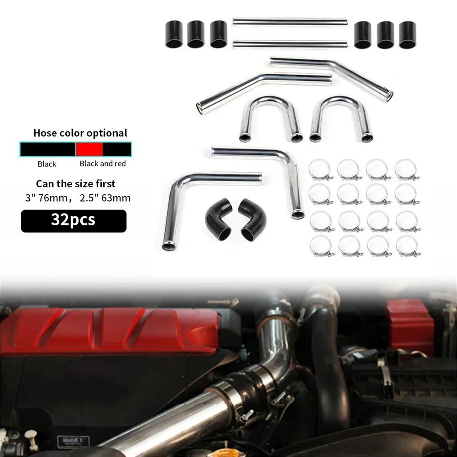 LENTLY Tubo Aspirazione Aria Kit Tubi Intercooler Turbo in Alluminio Universale 2'' 51 Mm, 2,5'' 63 Mm, 3'' 76 Mm + Tubi in Silicone + Morsetti A Bullone per Tubo Aria Auto