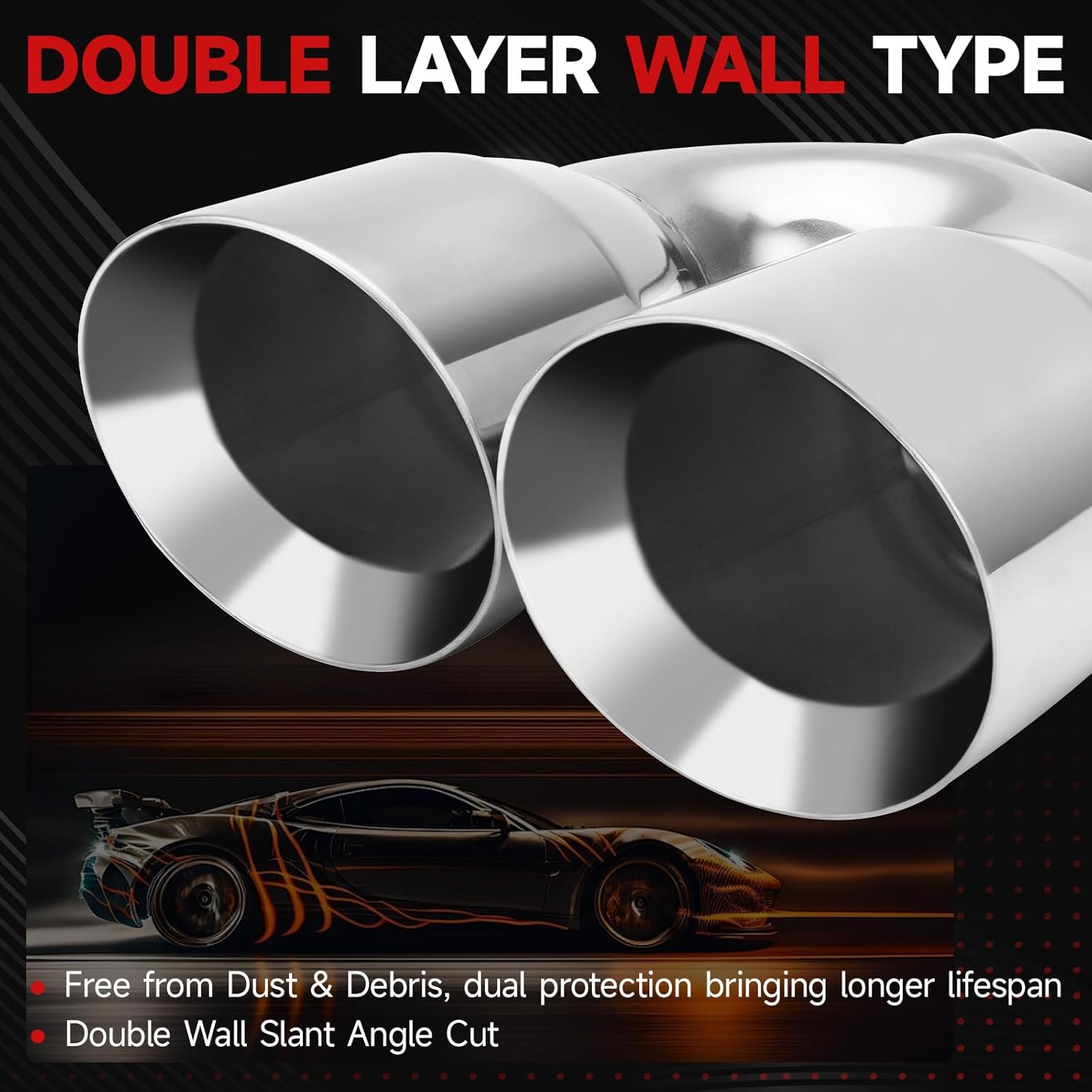 LCGP Dual Exhaust Tip 2.5 inch Inlet 4 inch Outlet 12" Length Universal Polished 304 Stainless Exhaust Tip Tailpipe for Car Truck Double Wall Weld-on Angle Cut (Right)