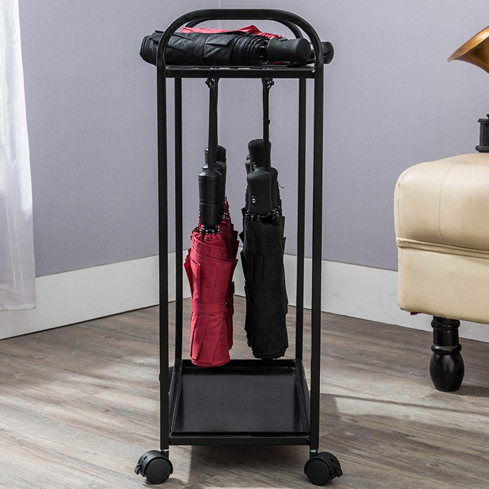 Nowoczesny przenośny stojak na parasole z kółkami blokującymi, 12 otworów i 6 haczyków, stylowy metalowy design do hoteli i apartamentów, idealny do wejść - opcje brązowe i czarne