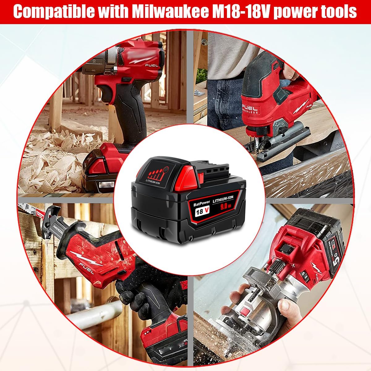 BatPower 18V 9Ah High Capacity Lithium Battery - Replacement for Milwaukee 18V M18 Batteries 48-11-1890 48-11-1880