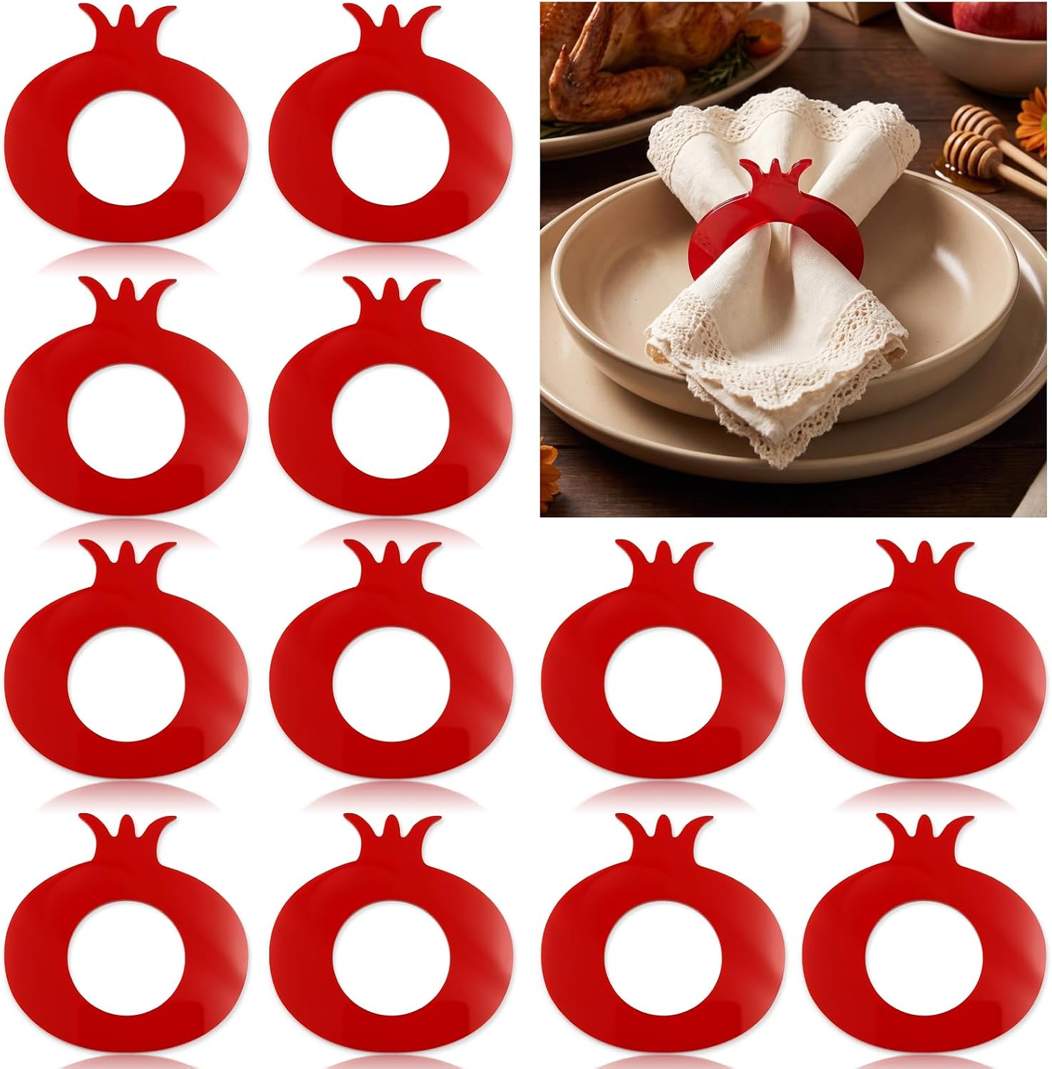 12 Pack Rosh Hashanah Table Decor Napkin Rings Red Pomegranate Shaped Acrylic Napkin Holders for Jewish New Year Wedding Holiday Dinner School Party Table Setting