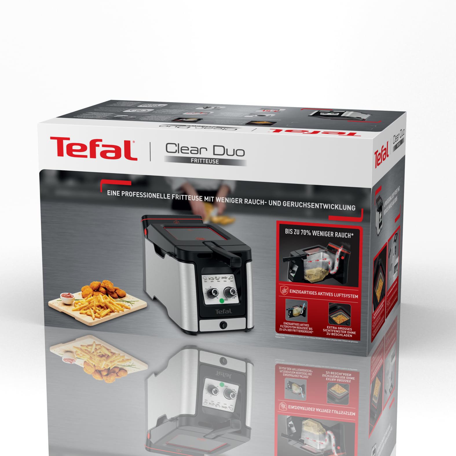 Tefal Clear Duo Fritteuse, frittieren mit weniger Rauch/Gerüchen, Kapazität 1,2 Kg, Thermostat, Timer, großes Sichtfenster ohne Beschlagen, spülmaschinenfest, schwarz, Edelstahl, Friteuse FR600D
