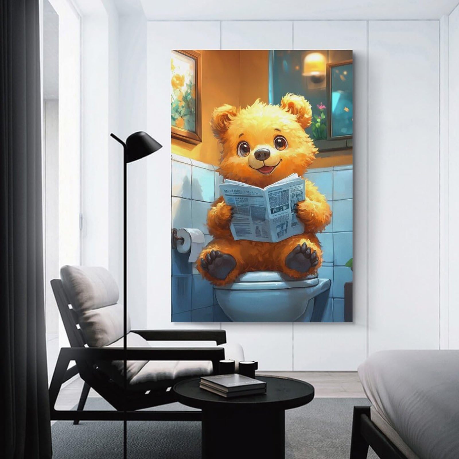 Junmoney Unframe-Style-16-2 Bear Reading Newspaper On Toilet Poster, Picture, Metal Print, Paint By Melvina Poole Decorative Wall Artwork, 24X36inch(60X90cm), For Hallway, Lounge Or Guest Room, Decorative Present For New Homes