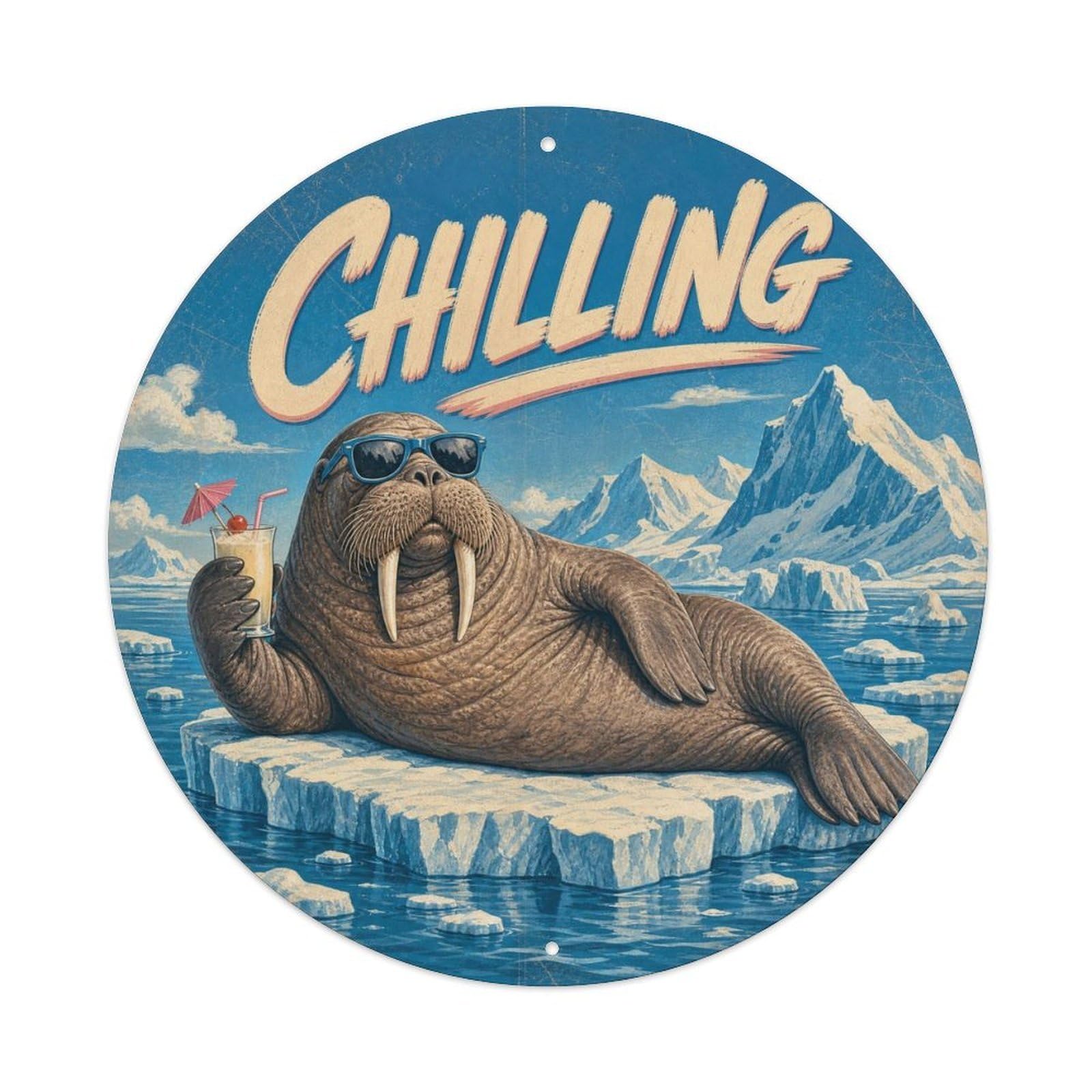 Okngb Style Walrus Chilling Marine Animal Pop Quirky Vintage Metal Tin Sign Plaque Wall Decor For Cafe, Man Cave, Club Bar, Office, Home Garden Round Metal Poster 8X8inch
