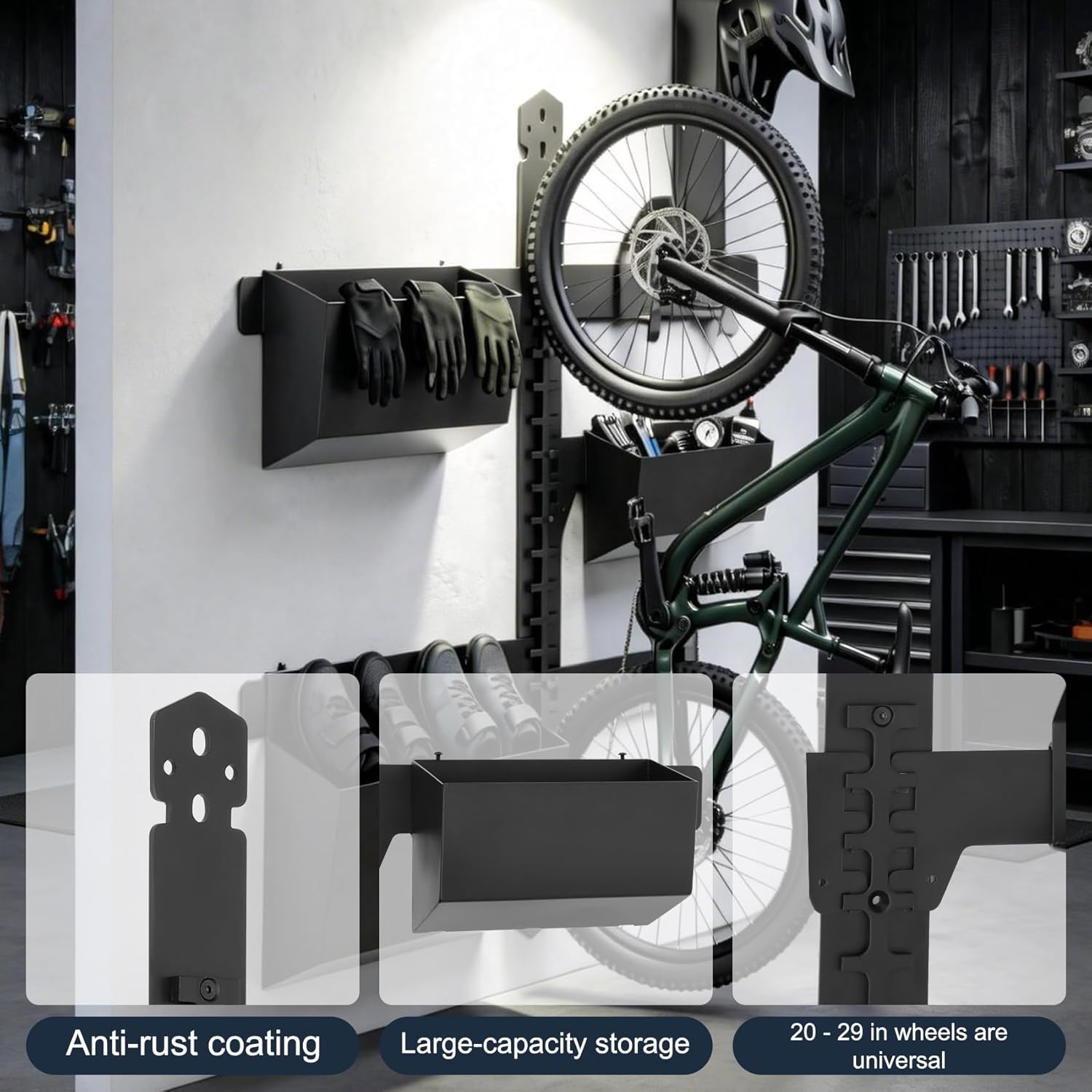 Werhoo Wall Mounted Vertical Bike Storage with Storage Box, Bike Rack Wall Mount for Garage and Home, Fits for Road Bike, Gravel Bike, Mountain bikes etc,Bicycle Storage Rack Easy to Install