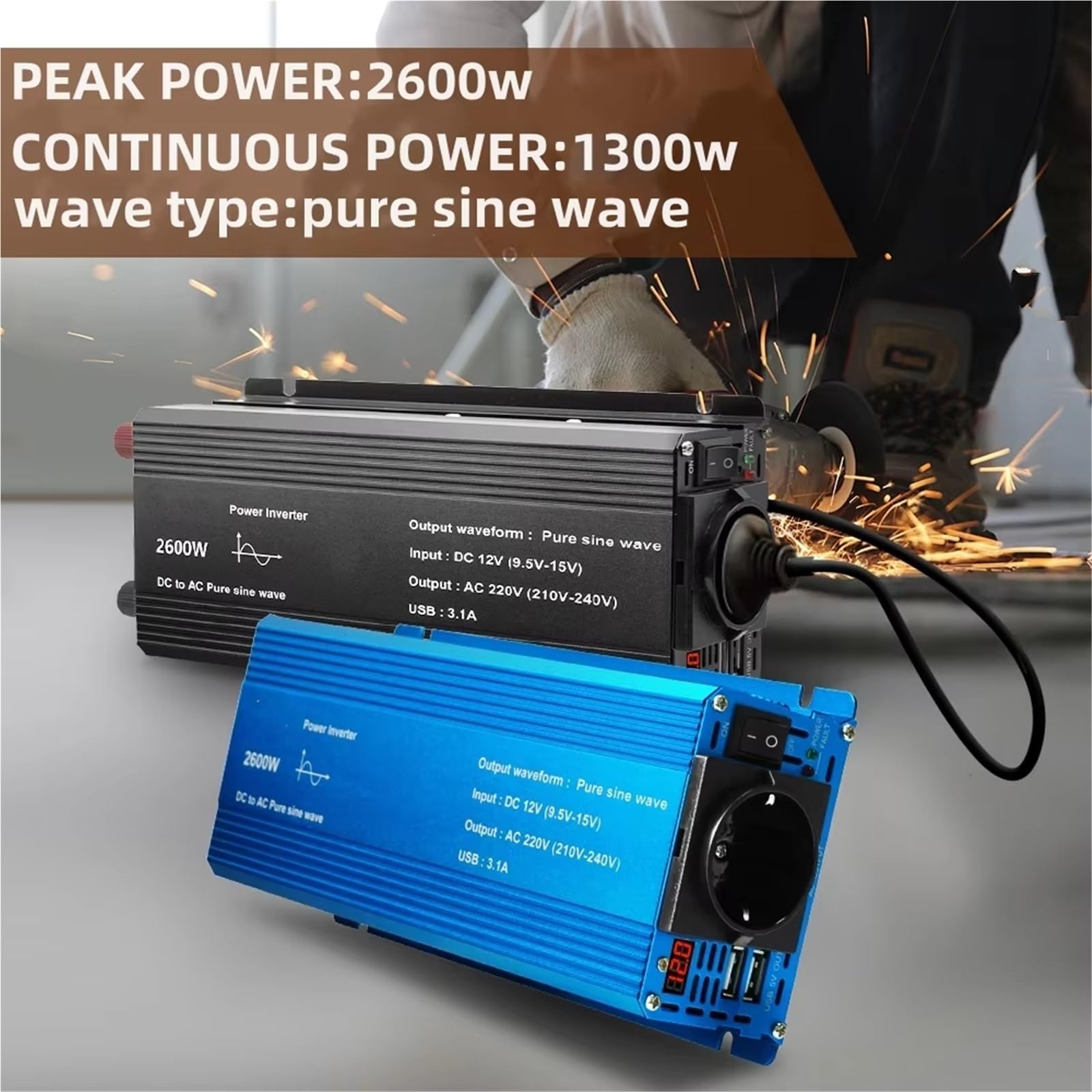 Inversor Inversor Coche 12V Convertidor Onda Sinusoidal Pura Adaptador CC 12V CA 220V 2200W Fuente Alimentación Portátil De Alta Potencia para Coche Onda sinusoidal modificada(Black 12V 2200W)