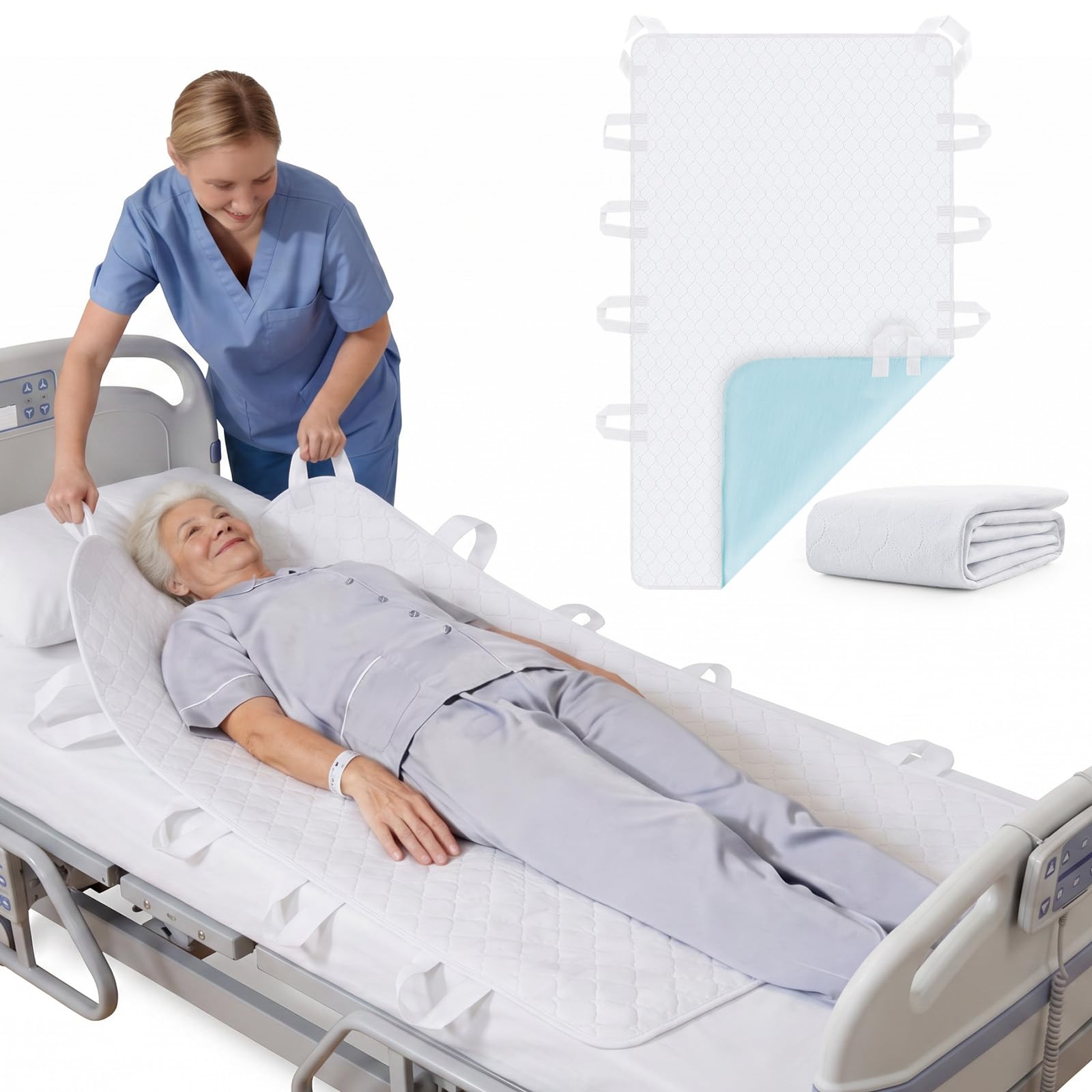 Cuscino per letto con manici, ad asciugatura rapida, 8 maniglie, lavabile, impermeabile, riutilizzabile, per anziani, costretti a letto, trasferimento, protezione materasso