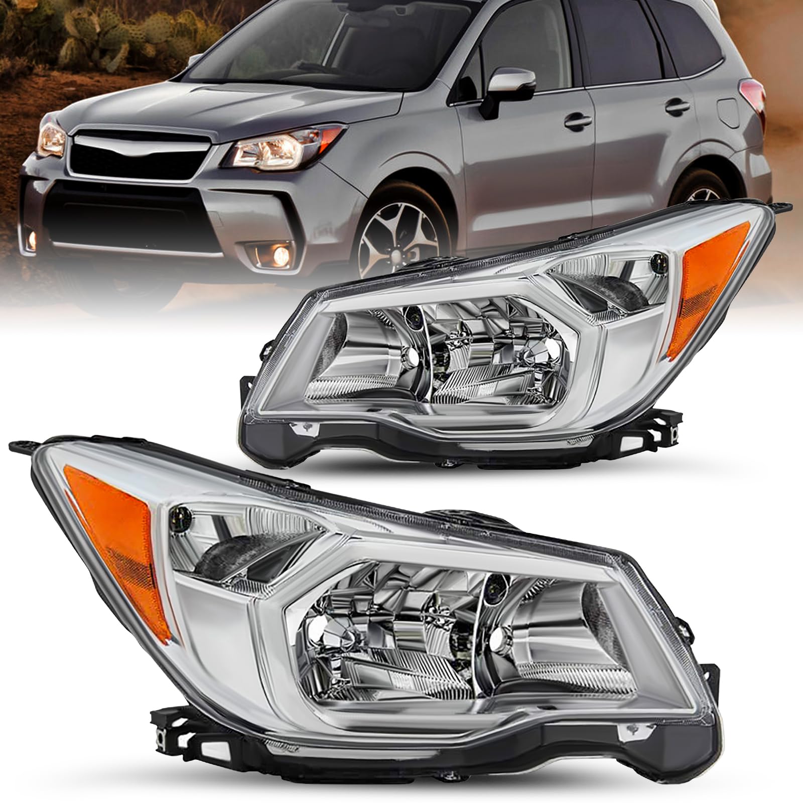 JSBOYAT Halogen Headlight Assembly Replacement for 14 15 16 Subaru Forester Headlamp Driver and Passenger Side Chrome Housing Amber Reflector ( Similar to one in stock)