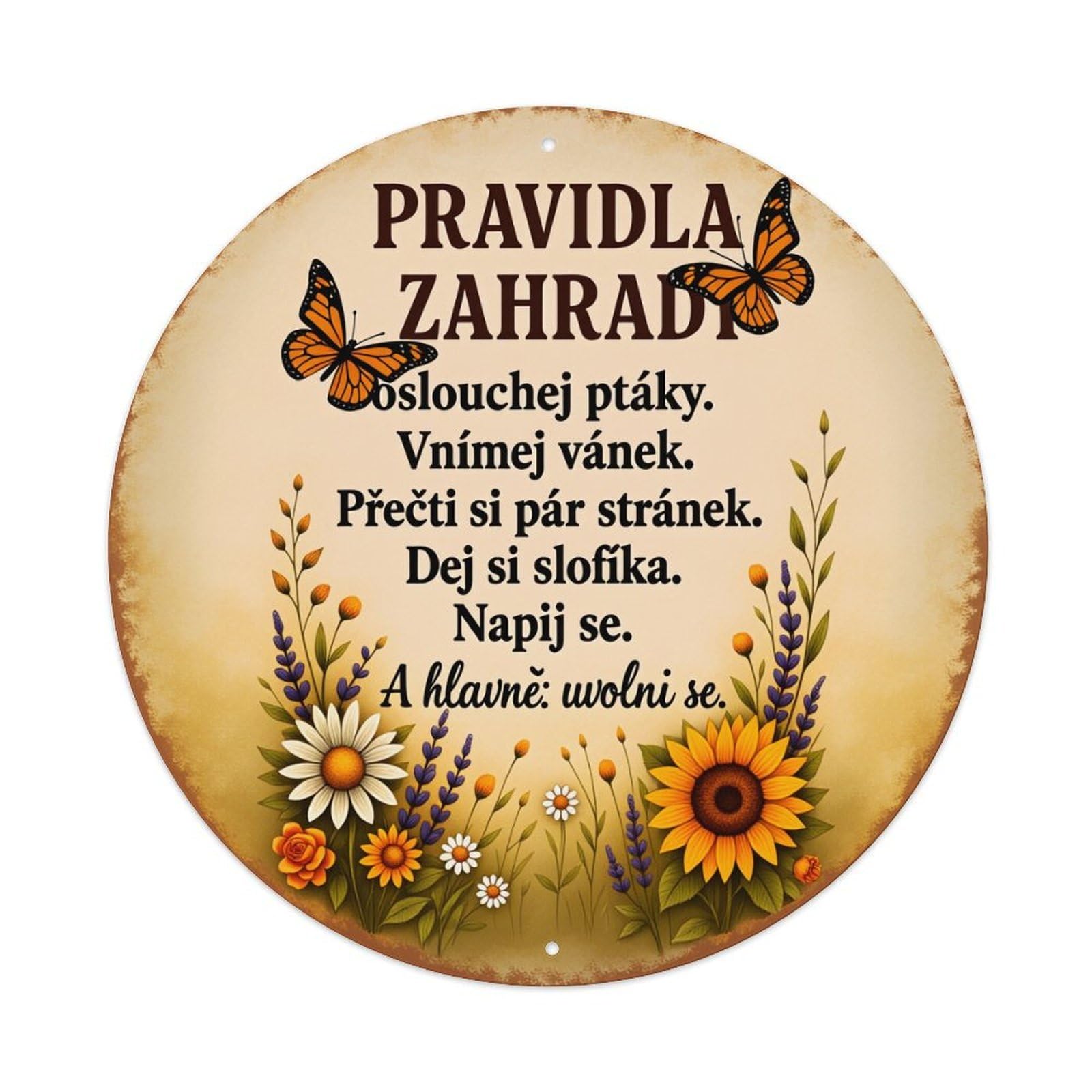 Butterfly Flowers Sunflower Daisies Leaves Round Tin Sign Vintage Style Metal Sign Home Bar Garden Wall Plaque Decor Metal Poster 8x8 Inch