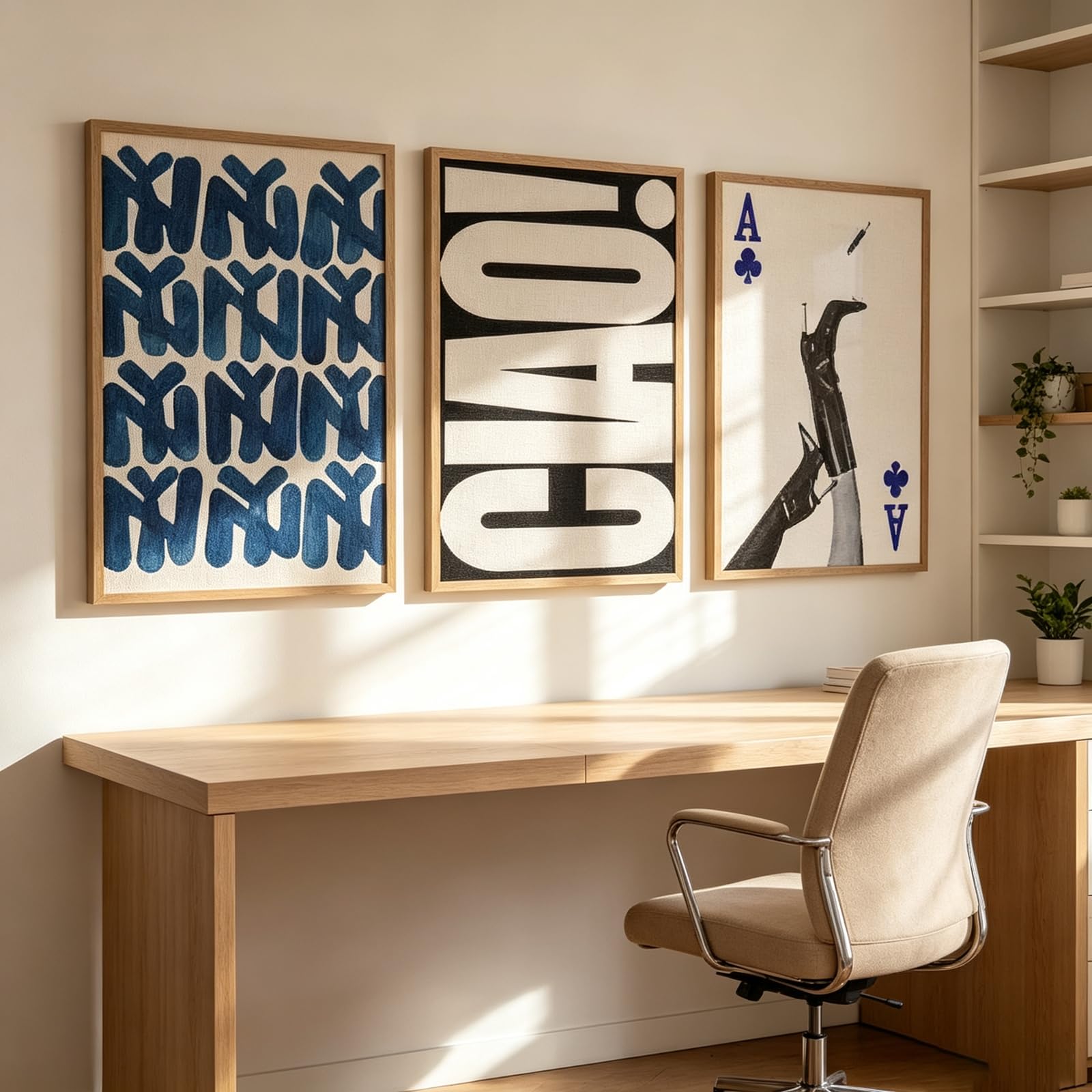ZBELLO Set of 3 Posters, Navy Blue Trendy Retro Wall Art, Aesthetic ‘Ciao’ Wall Decoration, Abstract Art Prints for The Living Room, Bedroom and Hallway, Unframed (21x30cm)