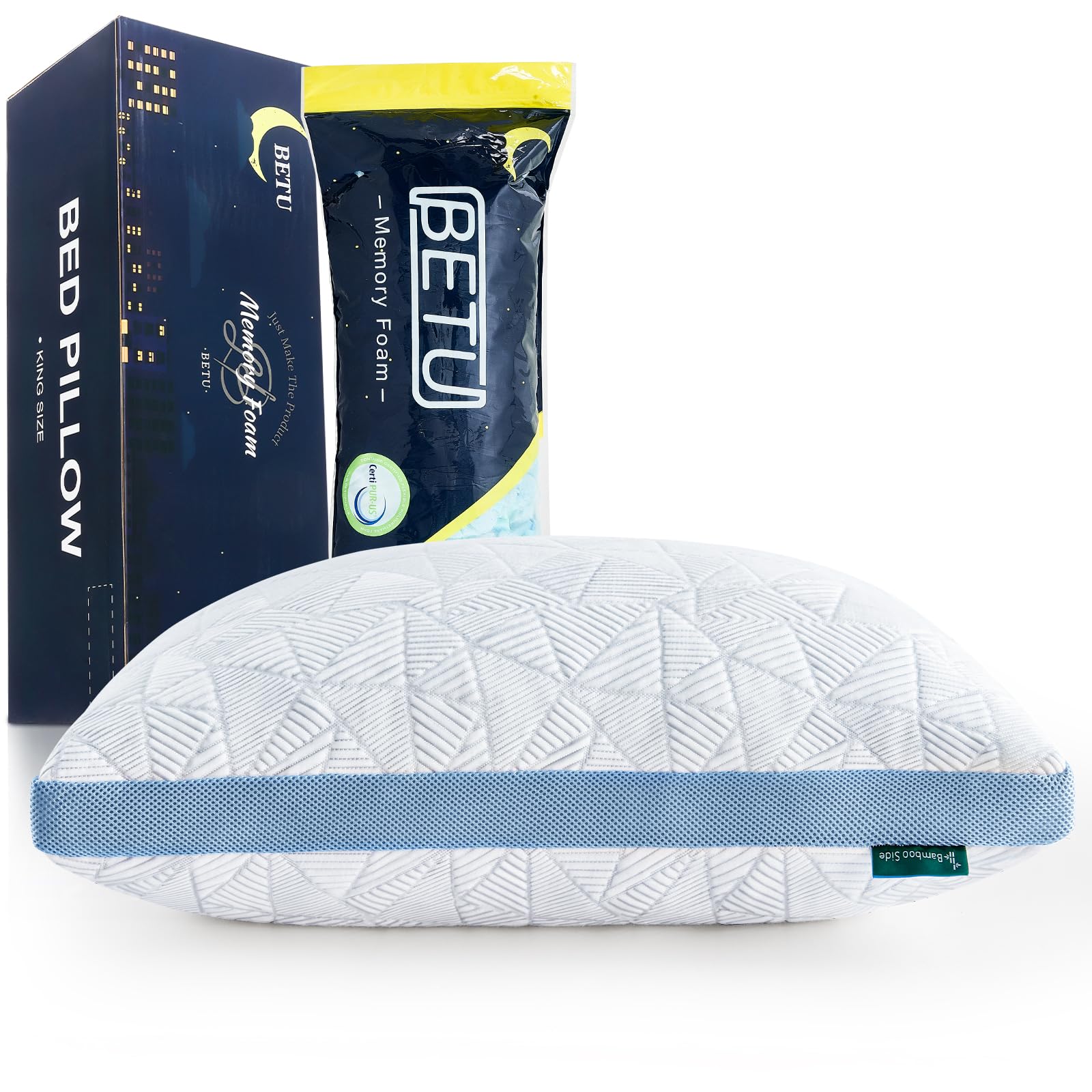BETU Cooling Pillow Queen Size, Shredded Memory Foam Cool Pillow for Hot Sleepers, Adjustable Firm Soft Support Bed Pillows Perfect for Back Neck Pain and Side Sleeping with Pillow Case Cover, Blue