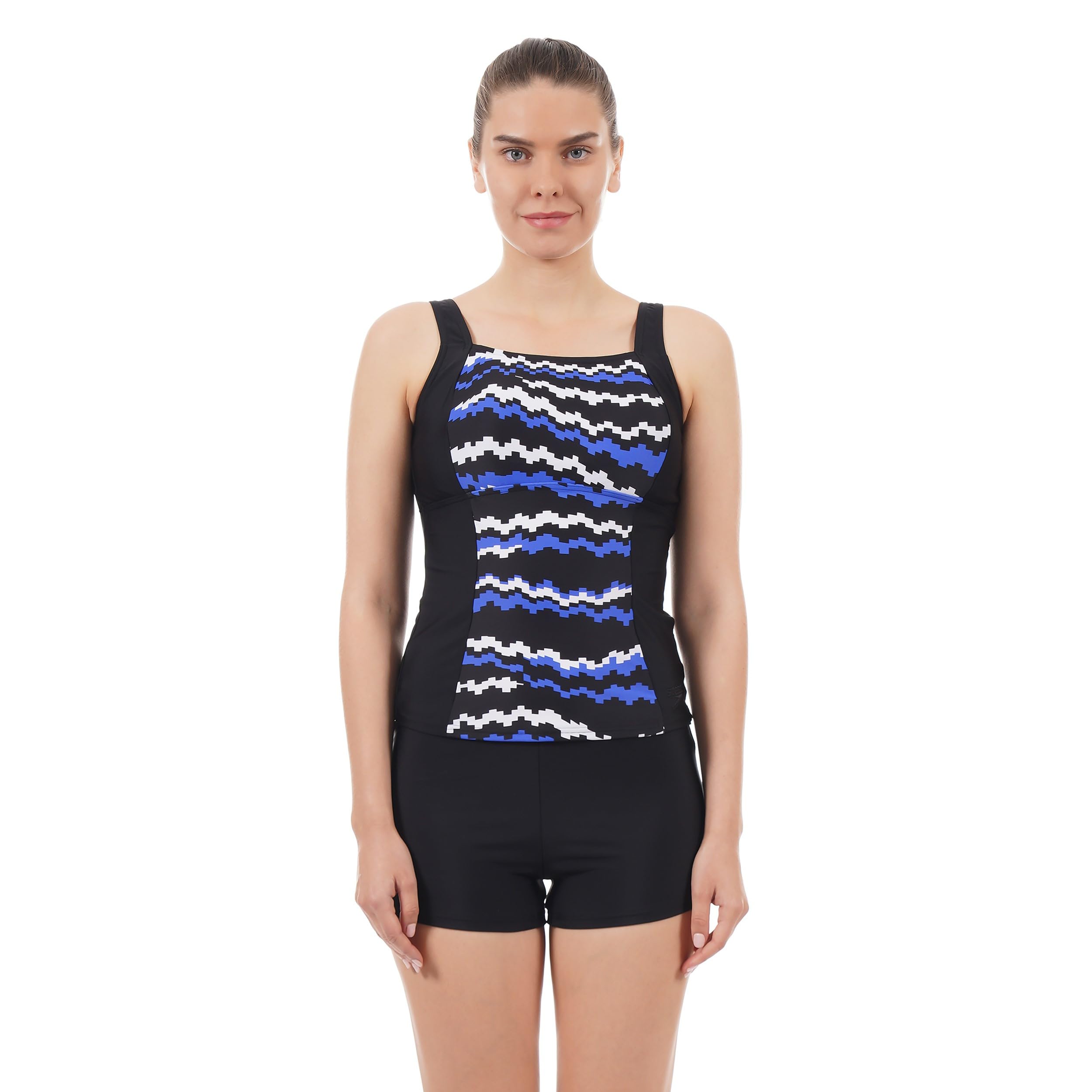 SpeedoIndia 8FS398C893 Penny Tankini, 30 (Black/White/Chroma Blue)