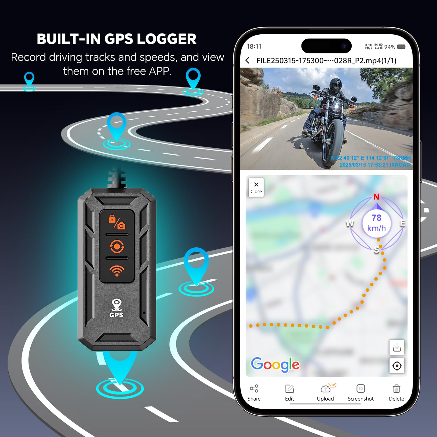 Dashcam Motorrad wasserdicht mit GPS-Logger, 1080P Motorrad Kamera vorne und hinten mit Parküberwachung, App-Steuerung, Fernbedienung, inkl. 64 GB TF-Karte