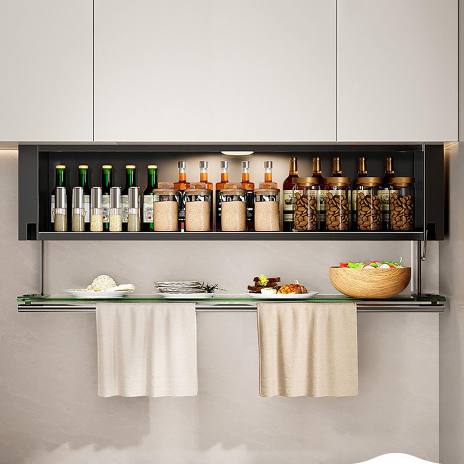 Armoire de Rangement Murale avec étagère Rabattable, Organisateur de Garde-Manger en Acier Robuste pour épices/Assiettes/Tasses, Buffet Multifonctionnel pour Cuisine