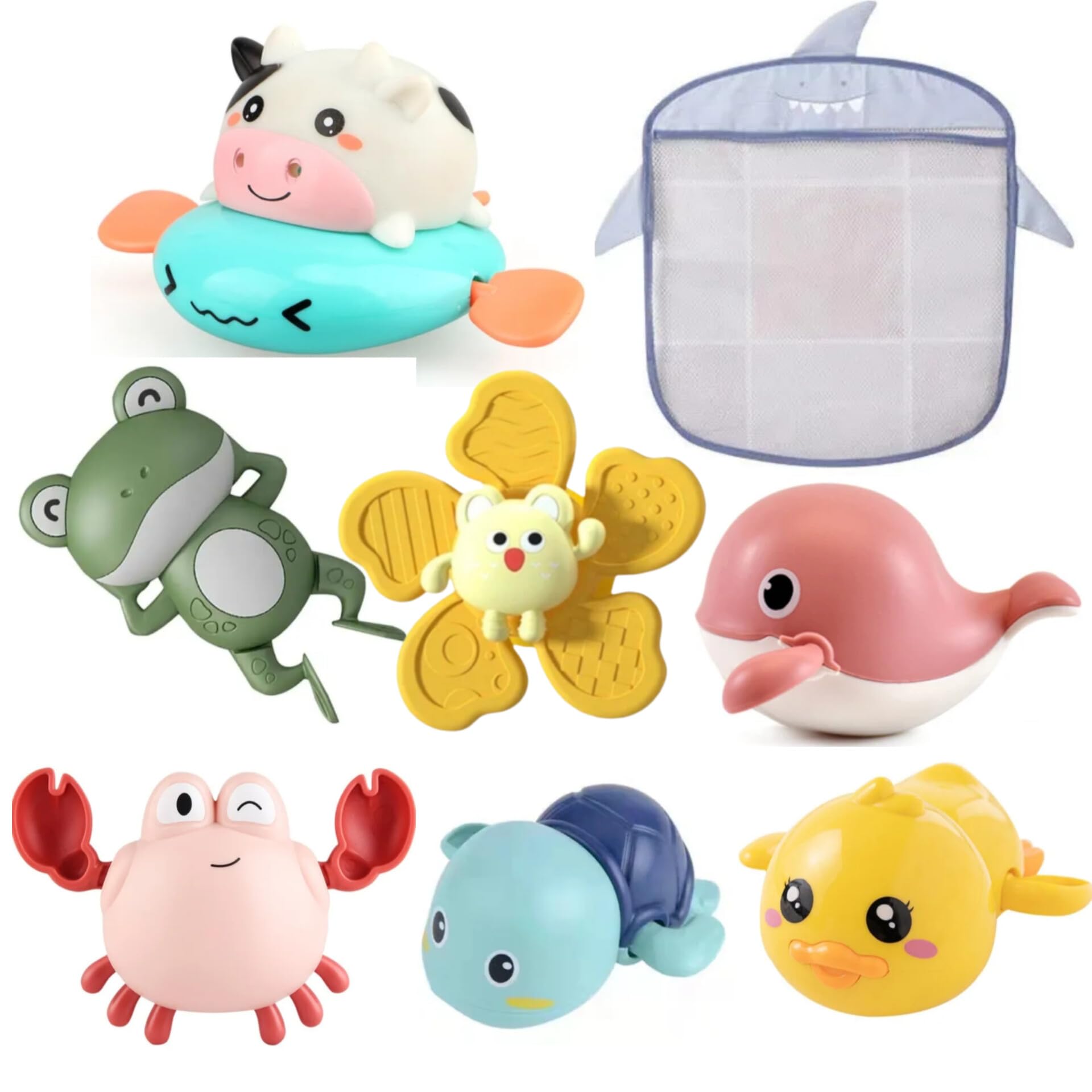 Kids Bath Toy Set, 7 Bath Toys with a Bath Toys holder, Swimming pool and bath tub toys for babies,included with hanging mesh bag for toy storage with strong hooks