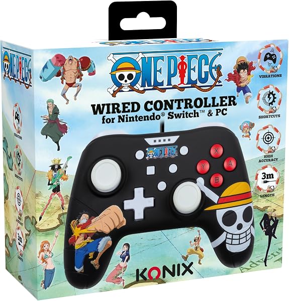 Konix One Piece Wired Controller für Nintendo Switch, Switch 2 und PC - Vibrationsfunktion - 3 m Kabel - Luffy-Motiv - Schwarz - 5
