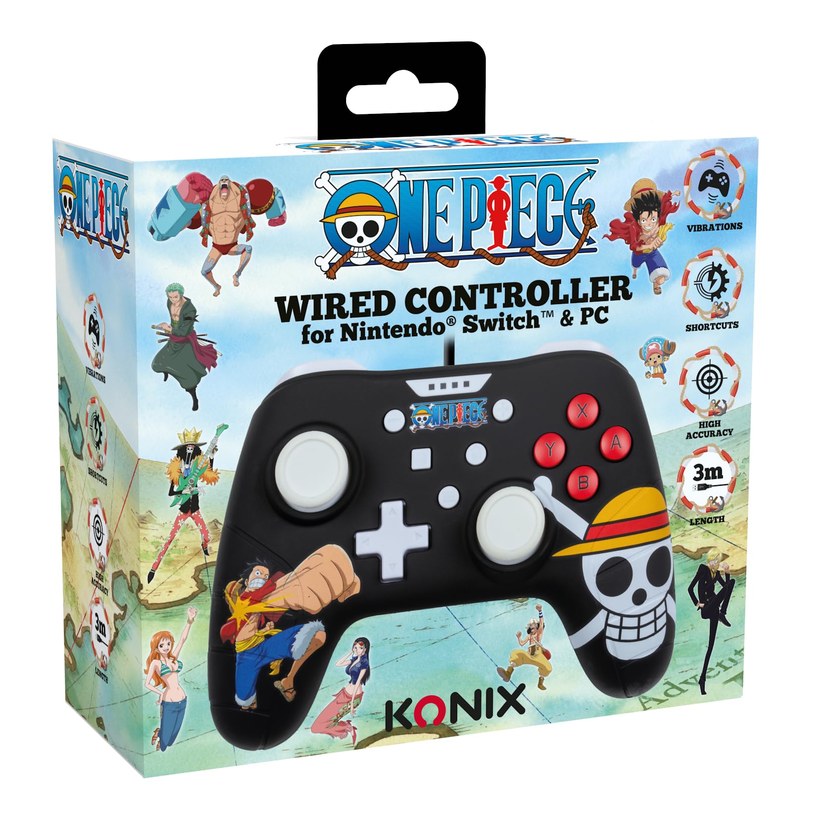 Konix Controller cablato One Piece per Nintendo Switch, Switch OLED e PC - Funzione vibrazione - Cavo da 3 m - Motivo Luffy - Nero