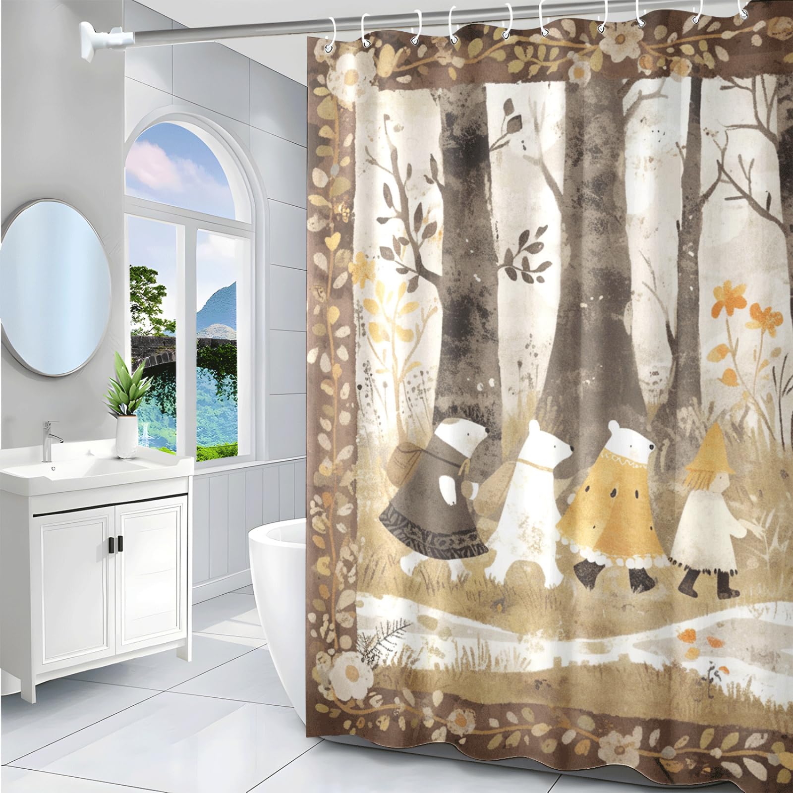 Tenda Doccia Albero Giallo Grigio Tenda Doccia Antimuffa Impermeabile Poliestere Lavabile con 12 Ganci Tende Finestra Bagno per Dormitorio Famiglia Hotel Decorazione(180x220cm)