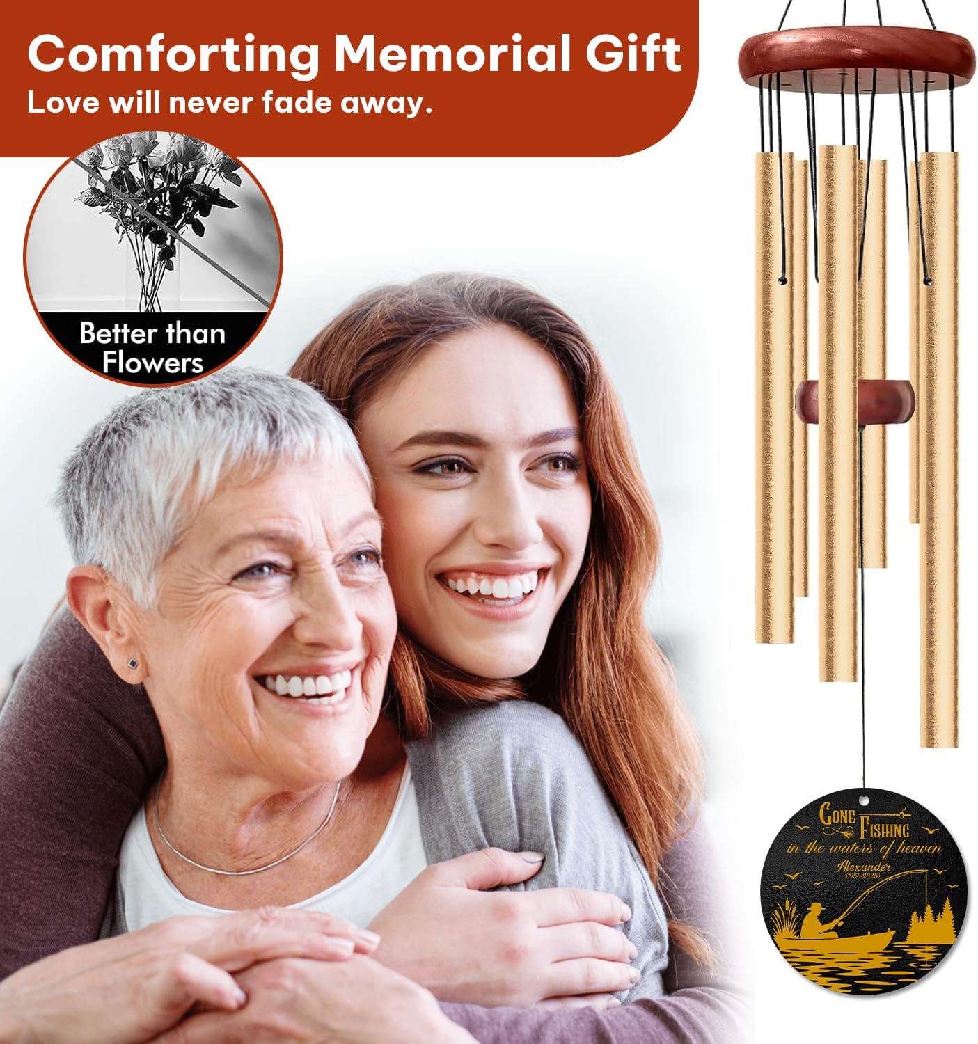 Personalized Gone Fishing Memorial Wind Chime – “Gone Fishing in Heaven’s Waters” Custom Name & Dates – Outdoor Sympathy Gift for Men, Dad, or Grandpa – Fisherman Remembrance Windchime Garden Décor
