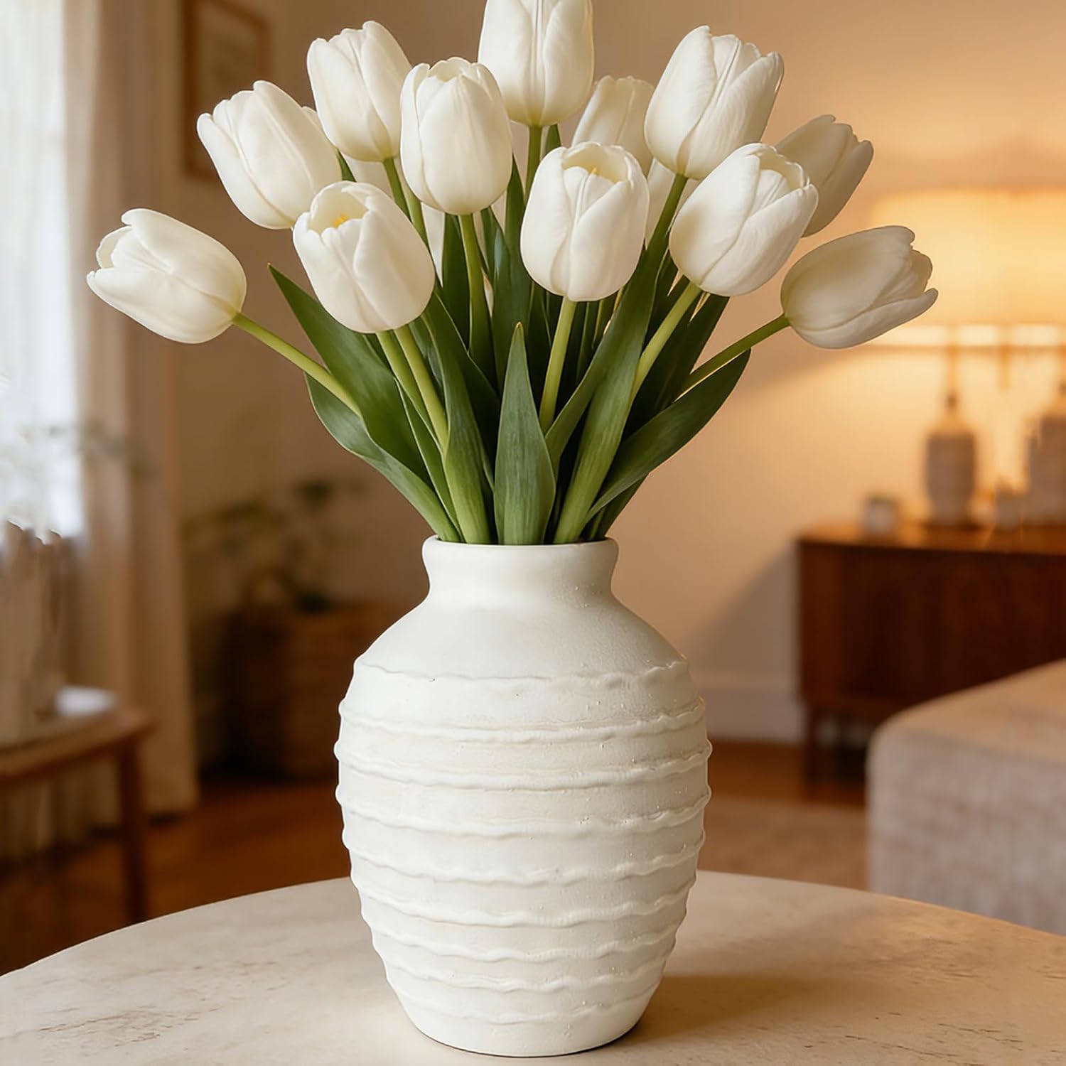 Ceramic Flower Vase 7 Inch Modern Farmhouse Vases Rustic Decorative Vase Home Decor Minimalist Handcrafted Pottery Terracotta Centerpiece Vases for Living Room,Bedroom,Table,Weddings,Office-White