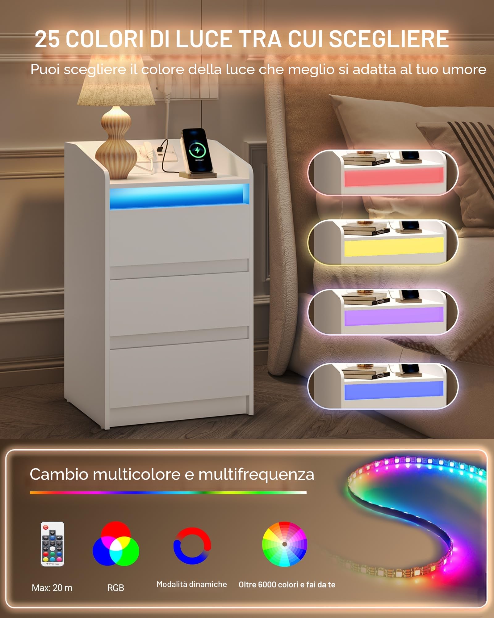 Hzuaneri Comodino con 3 Cassetti, Tavolino con Stazione di Ricarica LED, 2 Prese CA e 2 Porte USB per Camera da Letto, Soggiorno, Bianco NS40003X