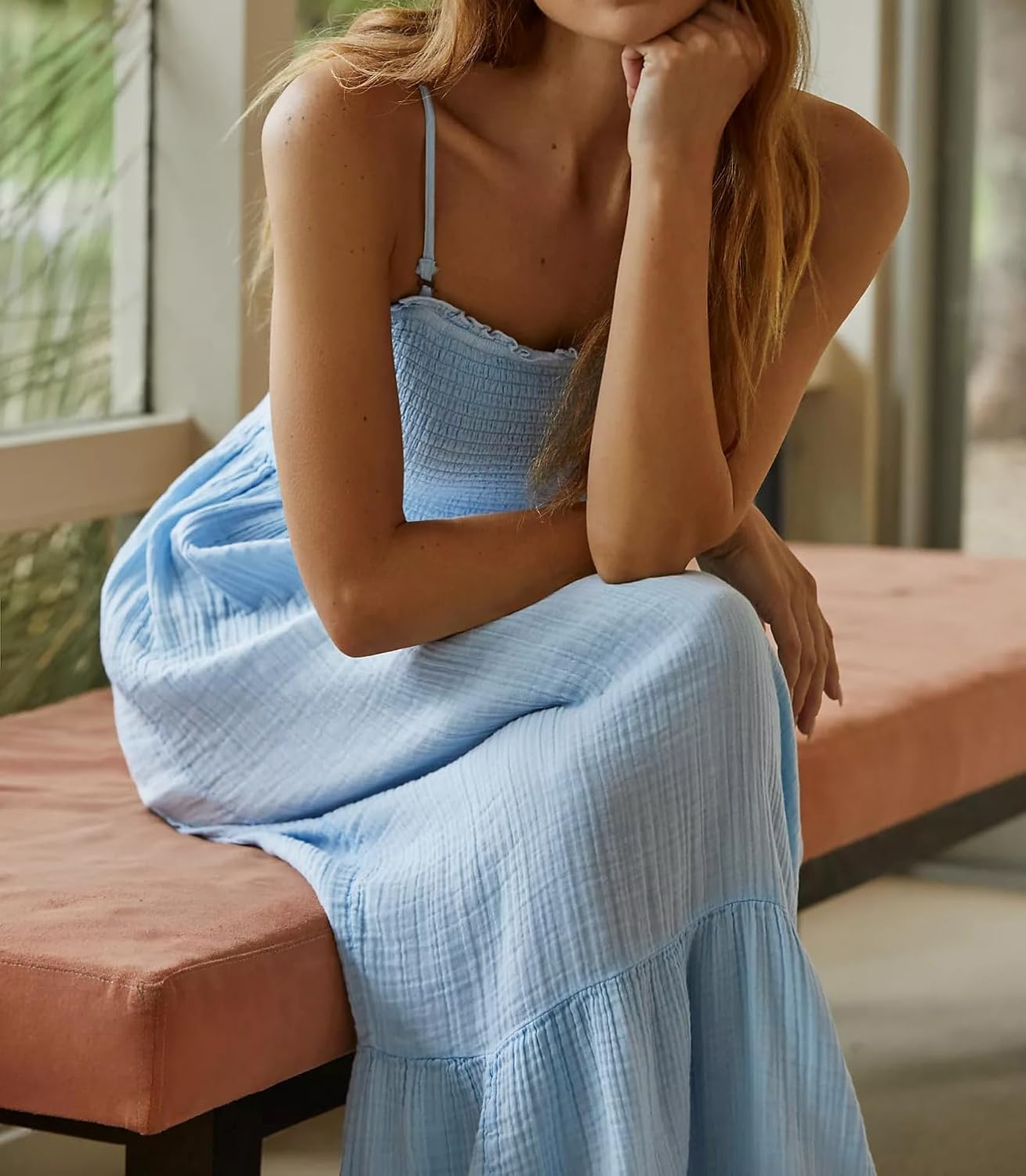 R.Vivimos Womens Summer Boho Cotton Maxi Dress Adjustable Spaghetti Strap Elastic Smocked Casual Ruffle Hem Flowy Beach Dress - Image 3