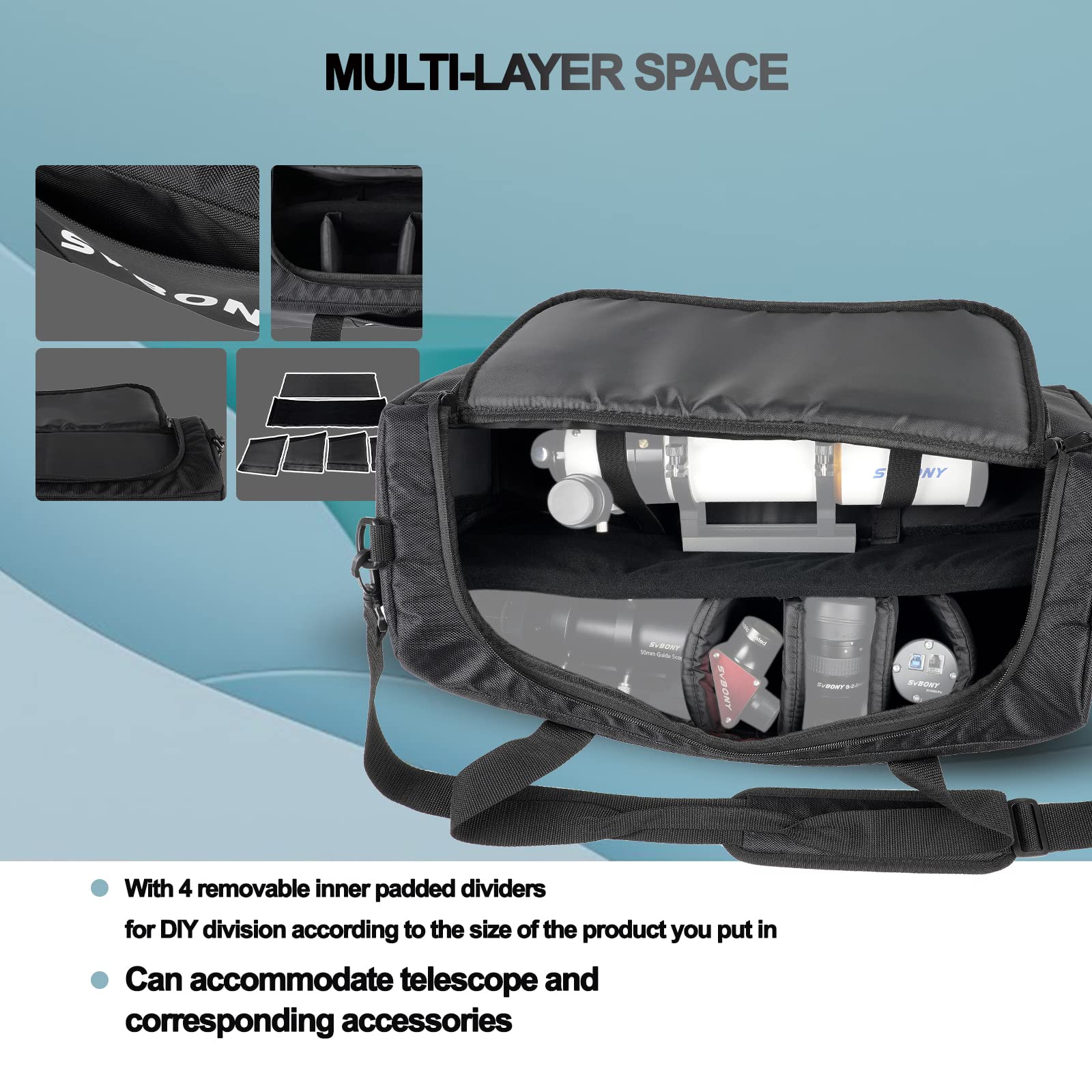 SVBONY SV212 Teleskoptasche, Gepolsterte Mehrzweck Tragetasche Verstellbarer Schultergurt Passend für Teleskop und Zubehör, Nero, Tessuto Oxford 1680D e PVC