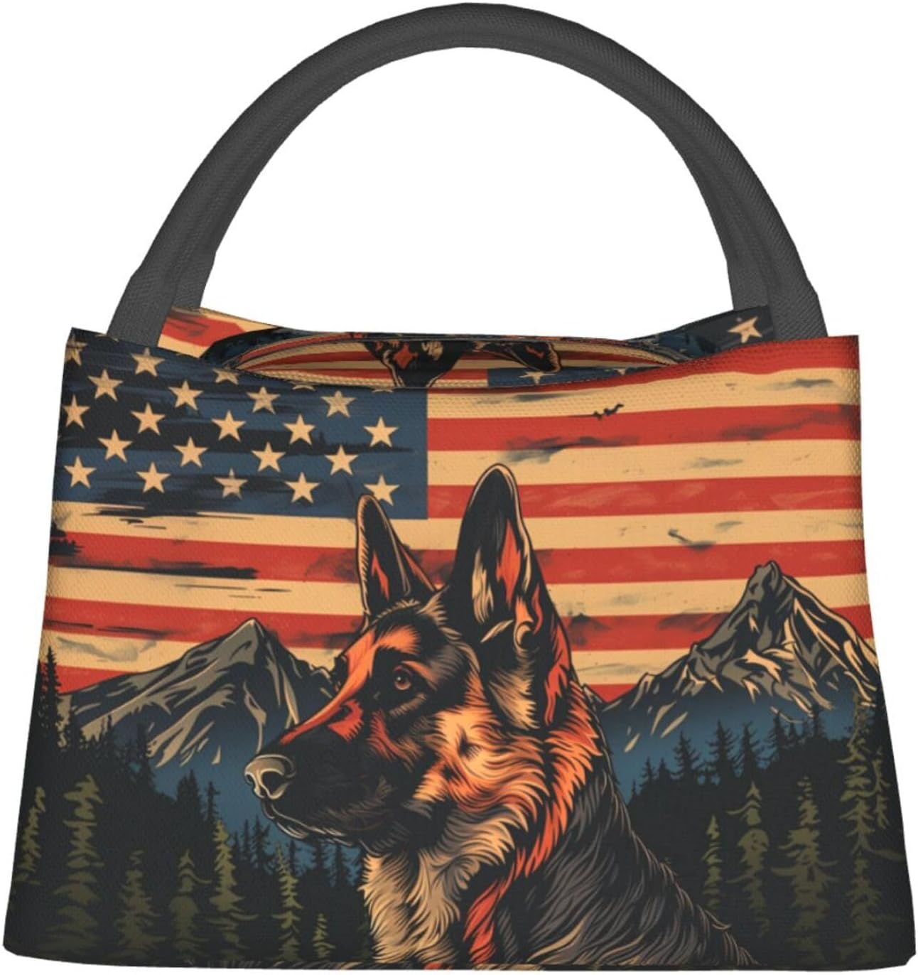 Patriotic German Shepherd with American Flag Lunch Box for Women Men Adult Insulated Dog Mountain Lunch Bag for Work Picnic Camping Travel Gifts Large Capacity Cooler Thermal Reusable Tote Makeup Bags