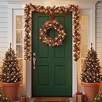 Vista 6 de Goplus - Guirnalda de Navidad preiluminada de 2,7 m, guirnalda artificial con luces, funciona con baterías, con 140 PVC y agujas de pino, conos