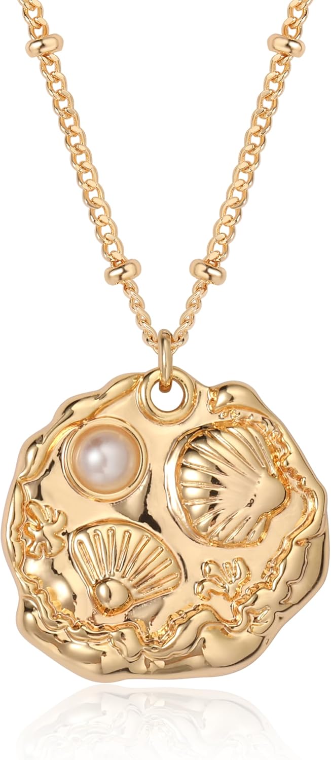 Fettero 14K Gold Plated Coin Pendant Necklace | Ocea Sea Summer Beach Boho Necklace | Adjustable Chain Gold Necklace | CZ Dainty Necklaces for Women