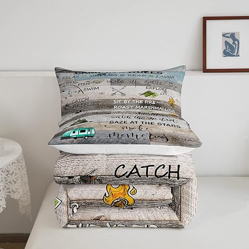 Miniatura 5 de Erosebridal Juego de edredón con reglas de campamento, tamaño Queen, juego de ropa de cama para niños y niños, colcha rústica de cabaña para