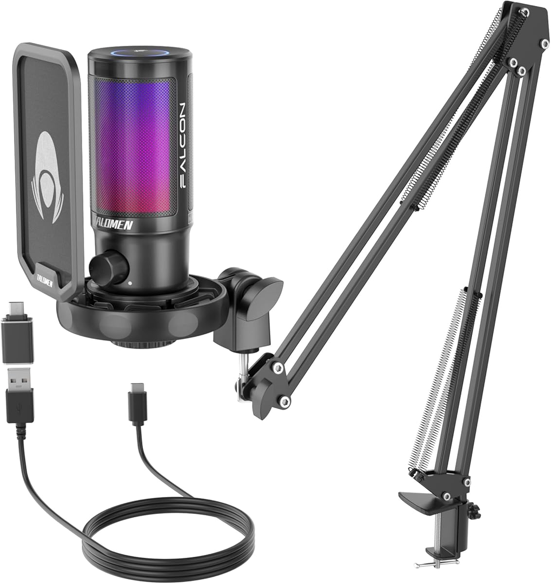 Gaming Microphone for PC Computer, USB Streaming Condenser Mic Kit with RGB, Quick Mute, Gain Knob, Boom Arm Stand, Pop Filter for Podcasts YouTube F8S