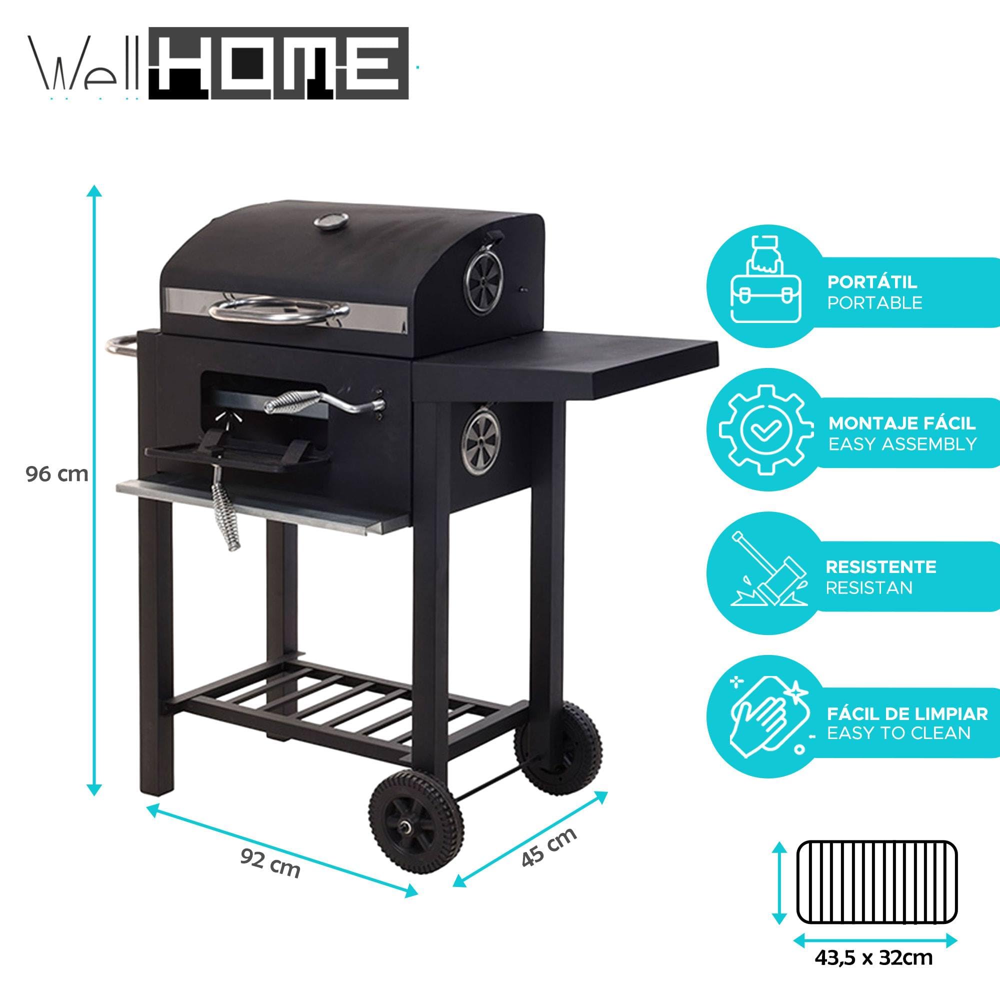 Well Home Barbacoa de carbón Color Negro con Doble Parrilla y Mesa Auxiliar H.96cm