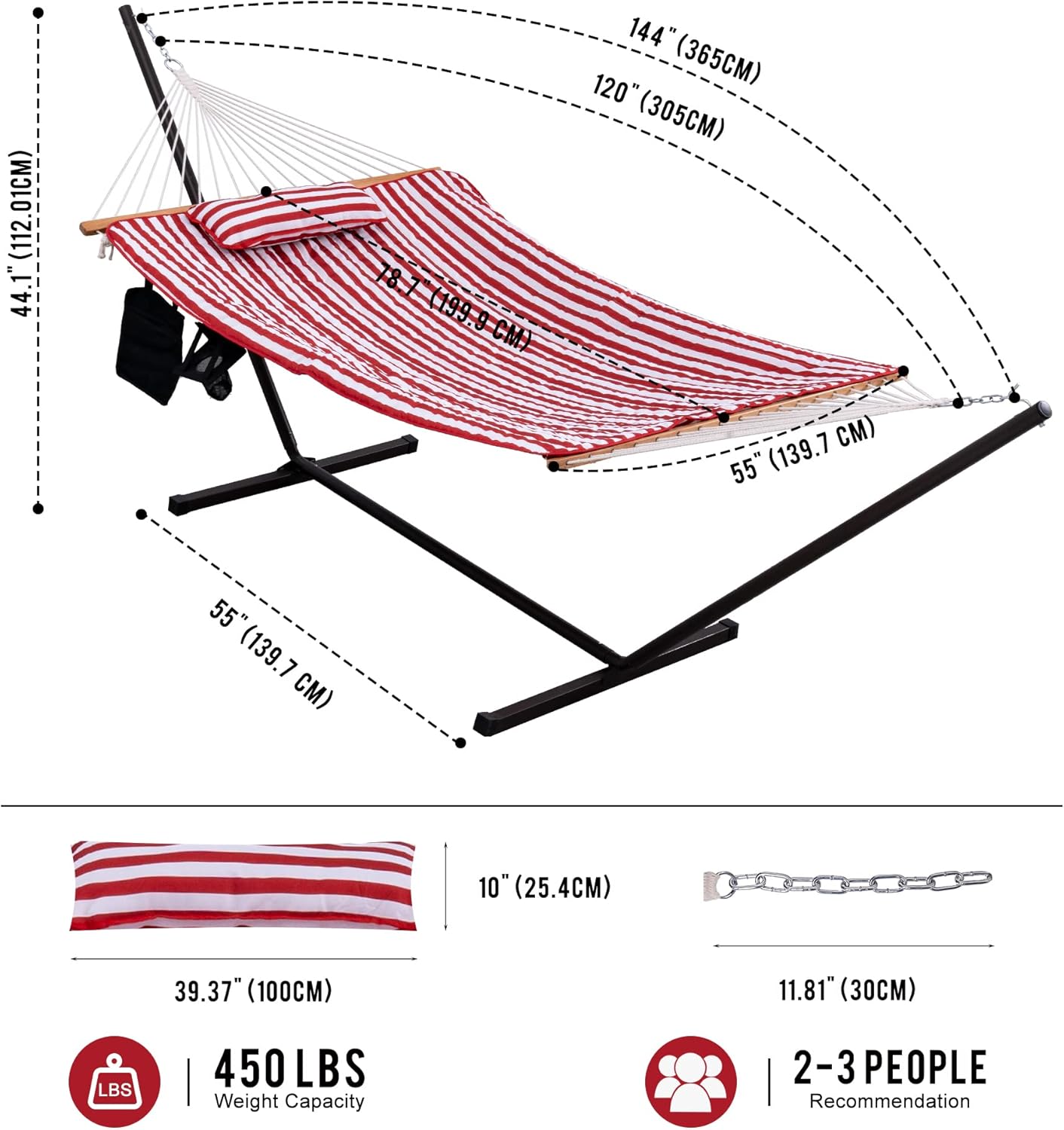 Lazy Daze Hammocks Double Hammock with 12 ft Steel Stand, 2 Person Cotton Rope Hammock with Quilted Pad, Spreader Bars, Detachable Pillow, Mag Bag & Cup Holder, Red/White Stripes