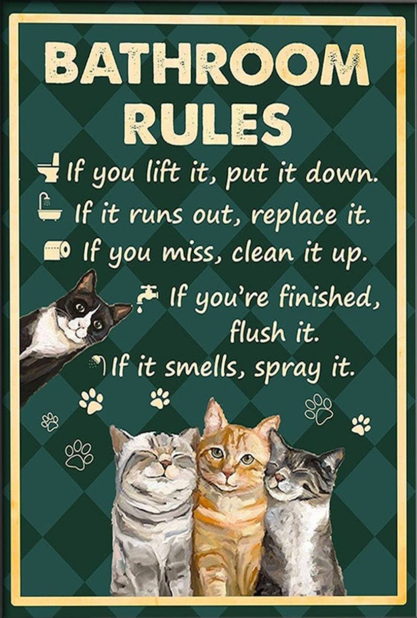 HOUVSSEN Metal Sign Funny Gift Posters for Cat Lovers' Bathroom Rules | Cat Decoration Bathroom Black Cat Posters Gifts for Cat Lovers Halloween Poster Set Tin Sign 8x12inch