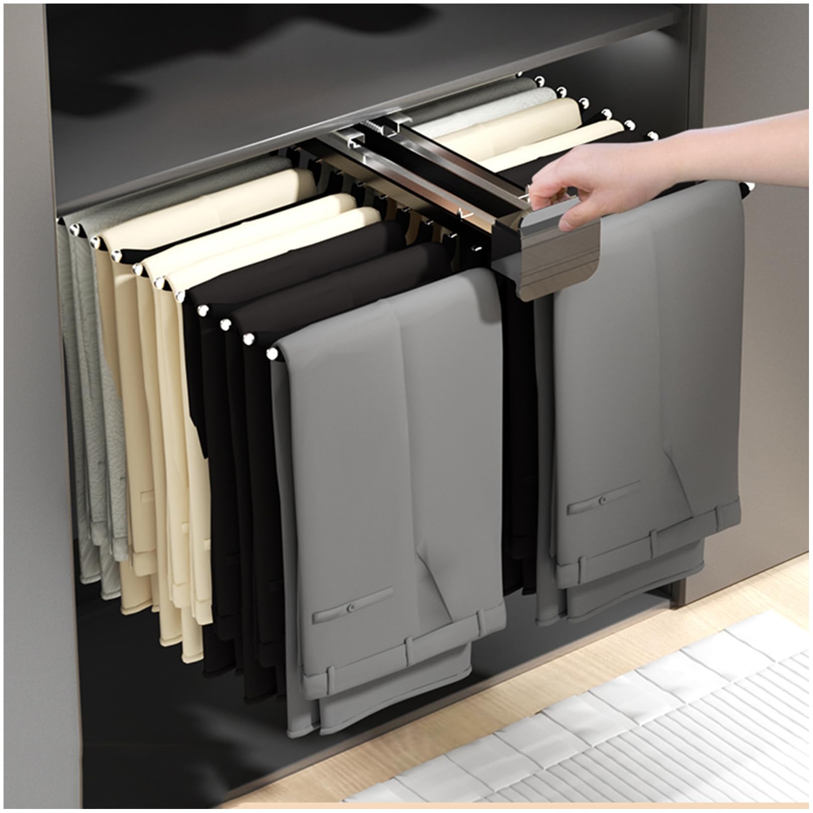 Tringle Habits Extractible, Porte-Pantalon Extensible avec Amortisseur, Multifonction Organisateur Vetement, Montage Mural Porte Pantalon Coulissant,Noir