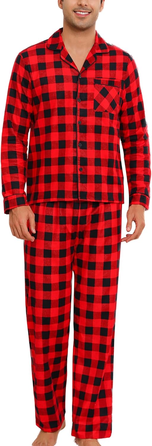 ENJOYNIGHT Mens 100% Cotton Flannel Pajamas Set Plaid Button Pjs Long Sleeve Sleepwear