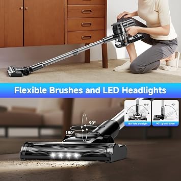 Cordless Vacuum Cleaner, Powerful Stick Vacuum Cleaner for Home with Rechargeable Battery, 6-in-1 Lightweight Handheld Vacuum, 45 Mins Runtime for Hardfloor & Carpets Pet Hair (Black)