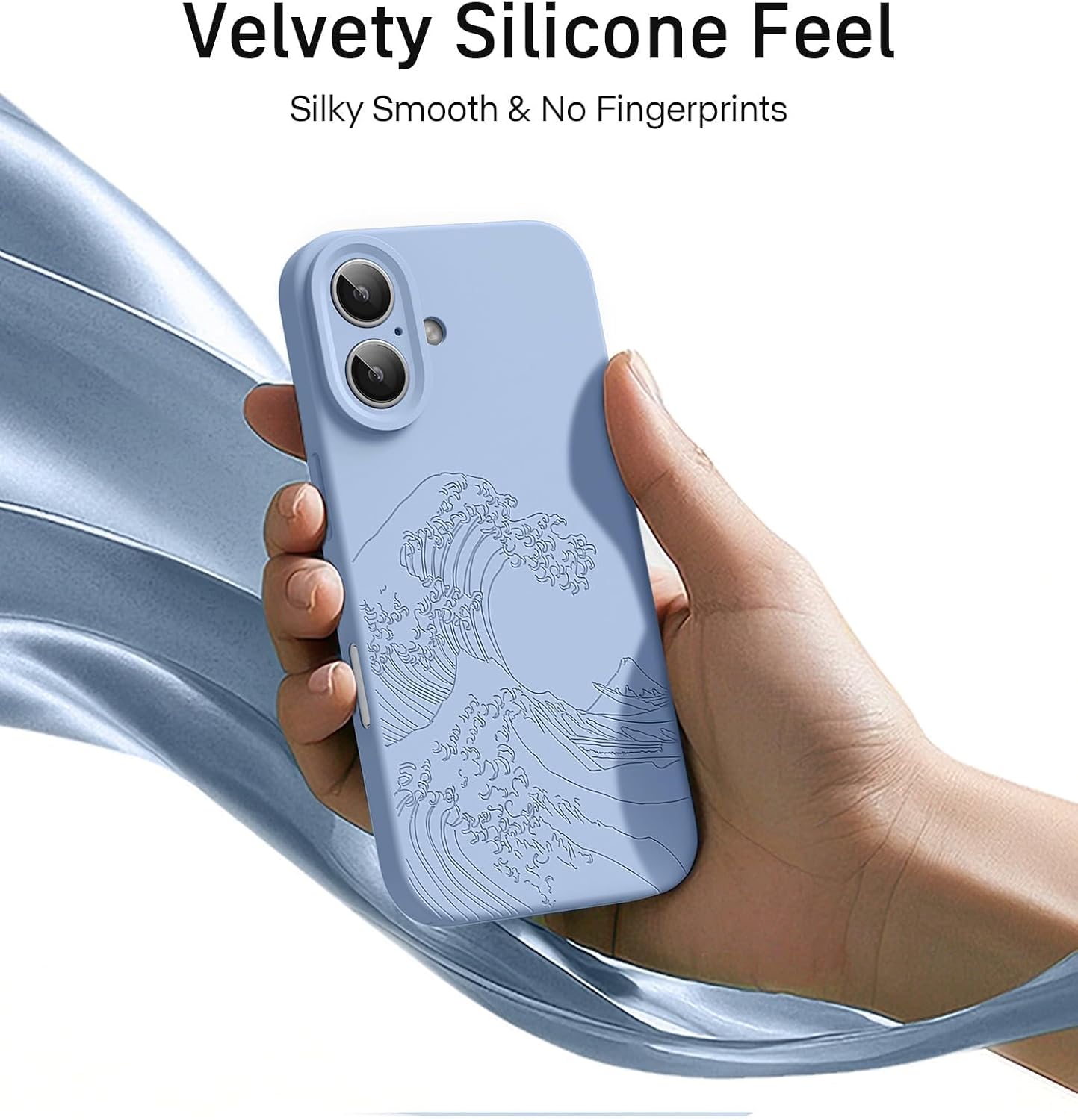 Magnetic Engraved Silicone Phone Case for iPhone 16 for Men Women, Etched Design Non-Slip Soft Feel Dembossed Phone Cover, The Great Wave Ocean Japanese Surf Sea Beach Slim, Baby Blue image 4