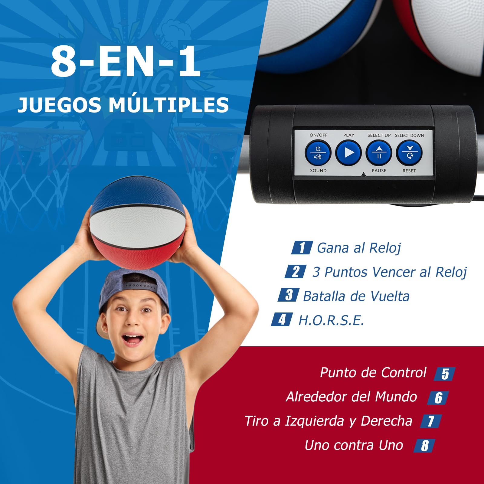 GOPLUS Canasta de Baloncesto Plegable, Máquina de Tiro Portátil, Baloncesto Arcade con 8 Modos de Juego, 4 Pelotas, 2 Cestas, Bomba, Marcador Electrónico, para Niños y Adultos (Rojo+Azul)