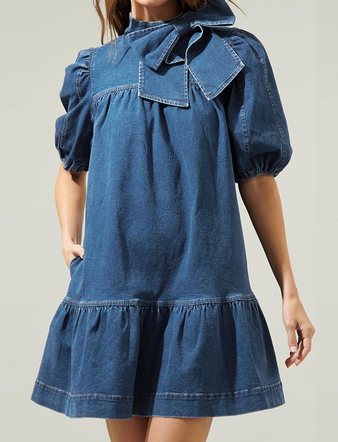 Women Summer Puff Short Sleeve Denim Dress Mock Neck Babydoll Jean Dress with Bow - Image 4