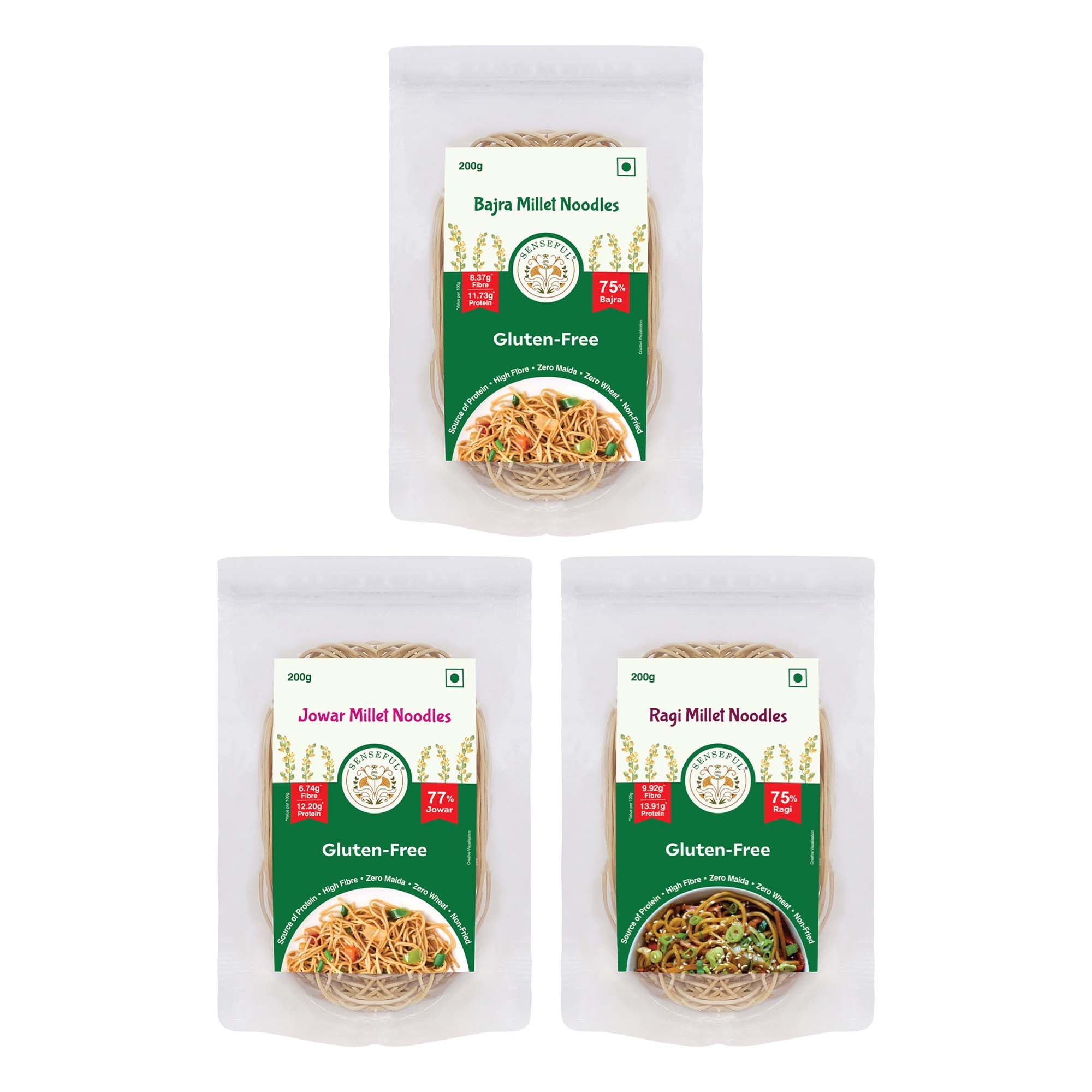 SENSEFUL Jowar + Bajra + Ragi Millet Noodles Combo of 3 - Gluten-Free, High Protein, Zero Maida, Zero Wheat, Non-Fried, Cholesterol Free & Trans-Fat Free - 200 gm each-image-15