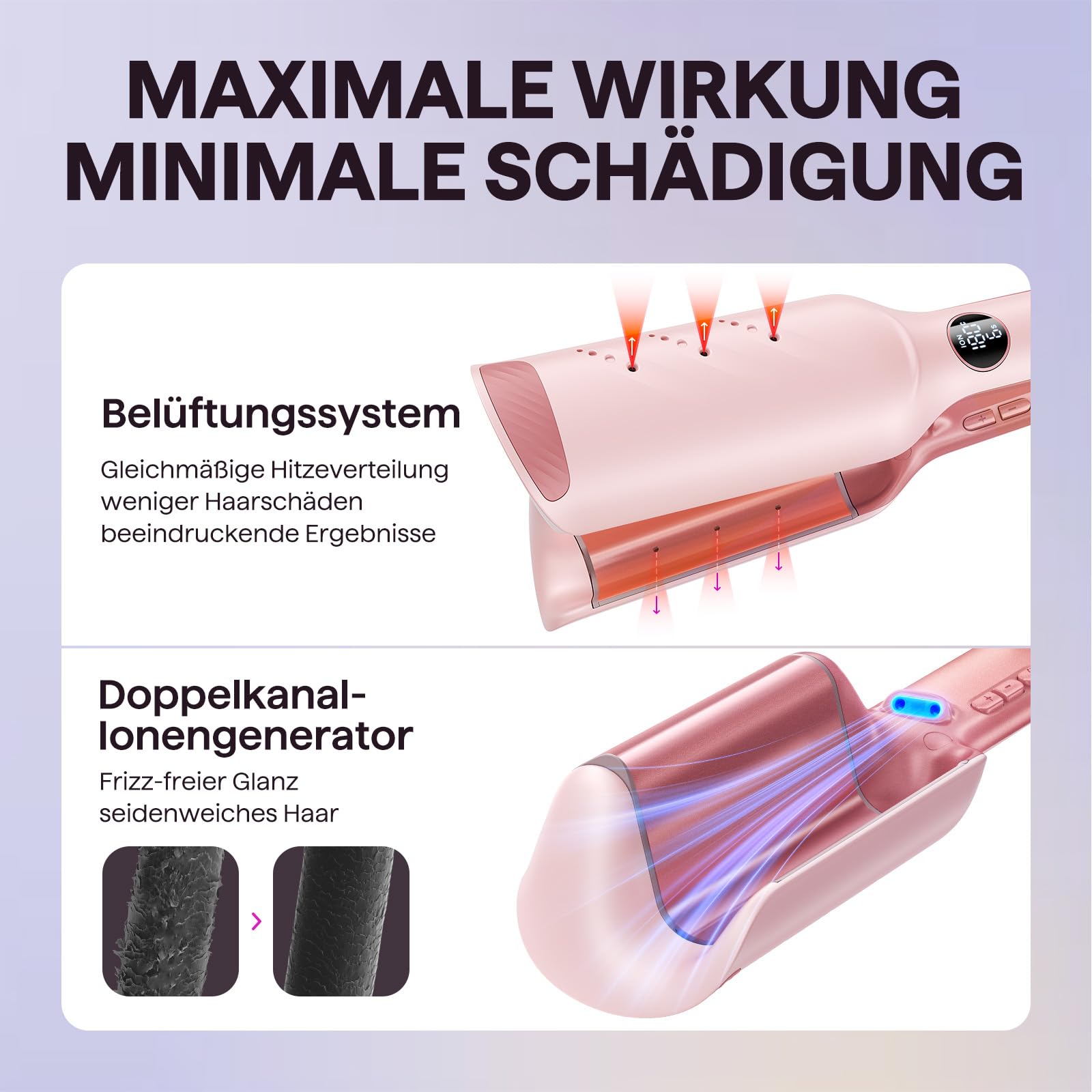 Wavytalk Power Wave Welleneisen Für Haare, Kreppeisen Für Große Wellen, Mit Ionenschutz & Belüftung Für Weniger Hitzeschäden, Müheloser Lockenstab, Dual-Voltage, Rose