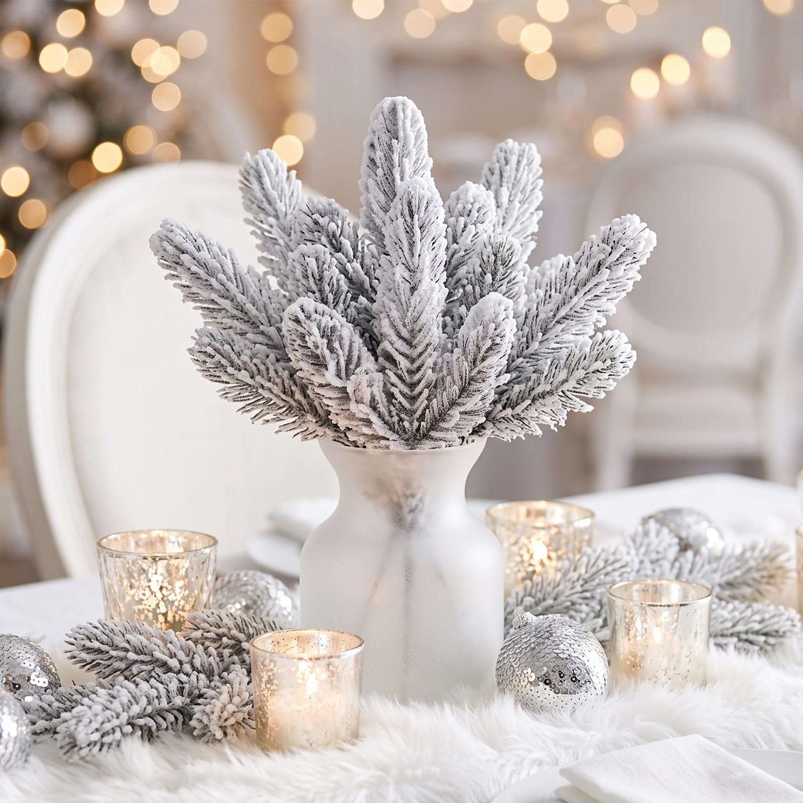 Hananona Lot de 50 branches de pin artificielles enneigées de 27 cm pour guirlande de Noël, couronne, bricolage et décoration d'intérieur (blanc)