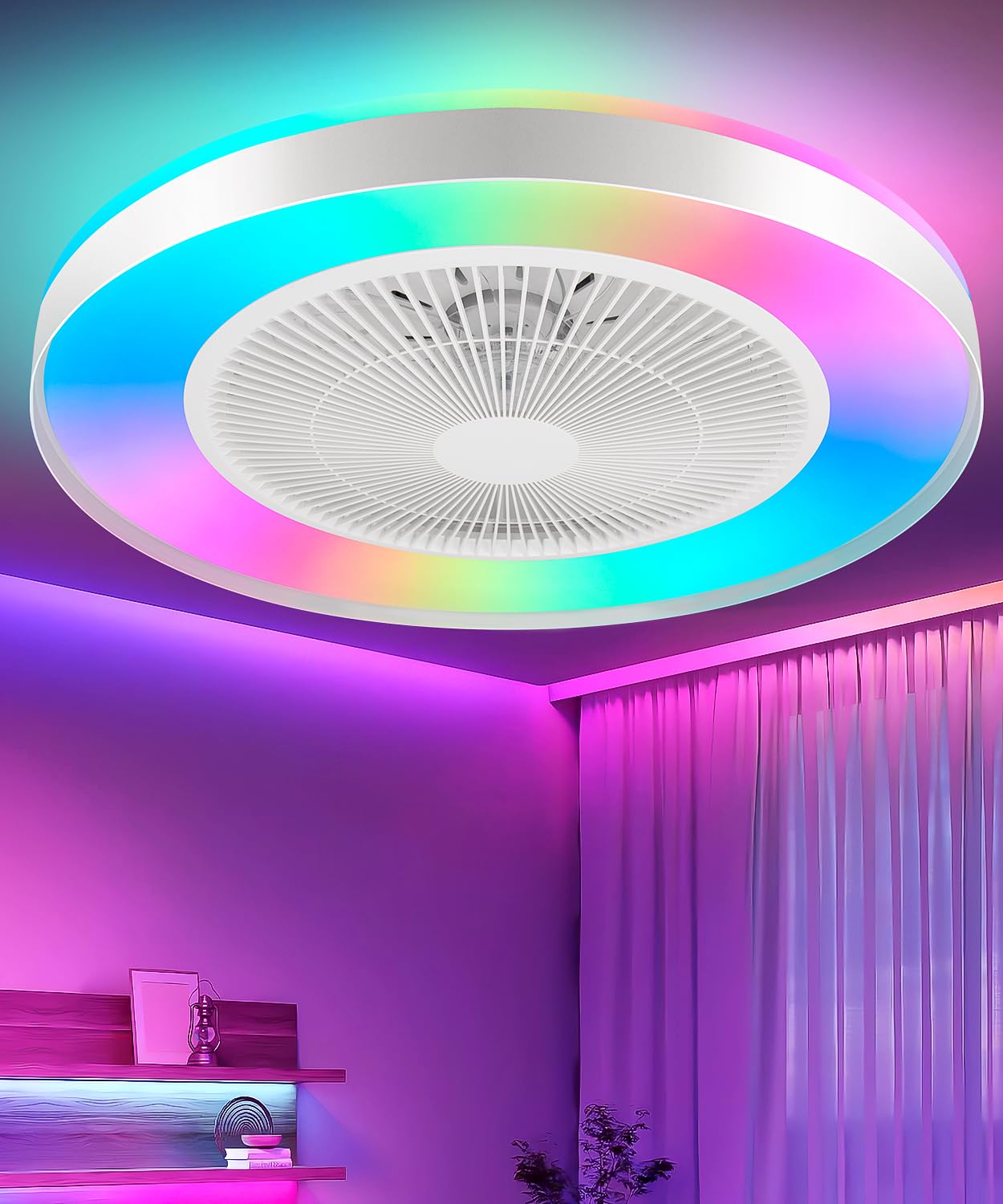 2-in-1 Low Profile Ceiling Fan with Light, 20” Caged Safety Design for Kids - RGB Color, Smart APP/Remote Control, Quiet Flush Mount DC Motor, Metal,